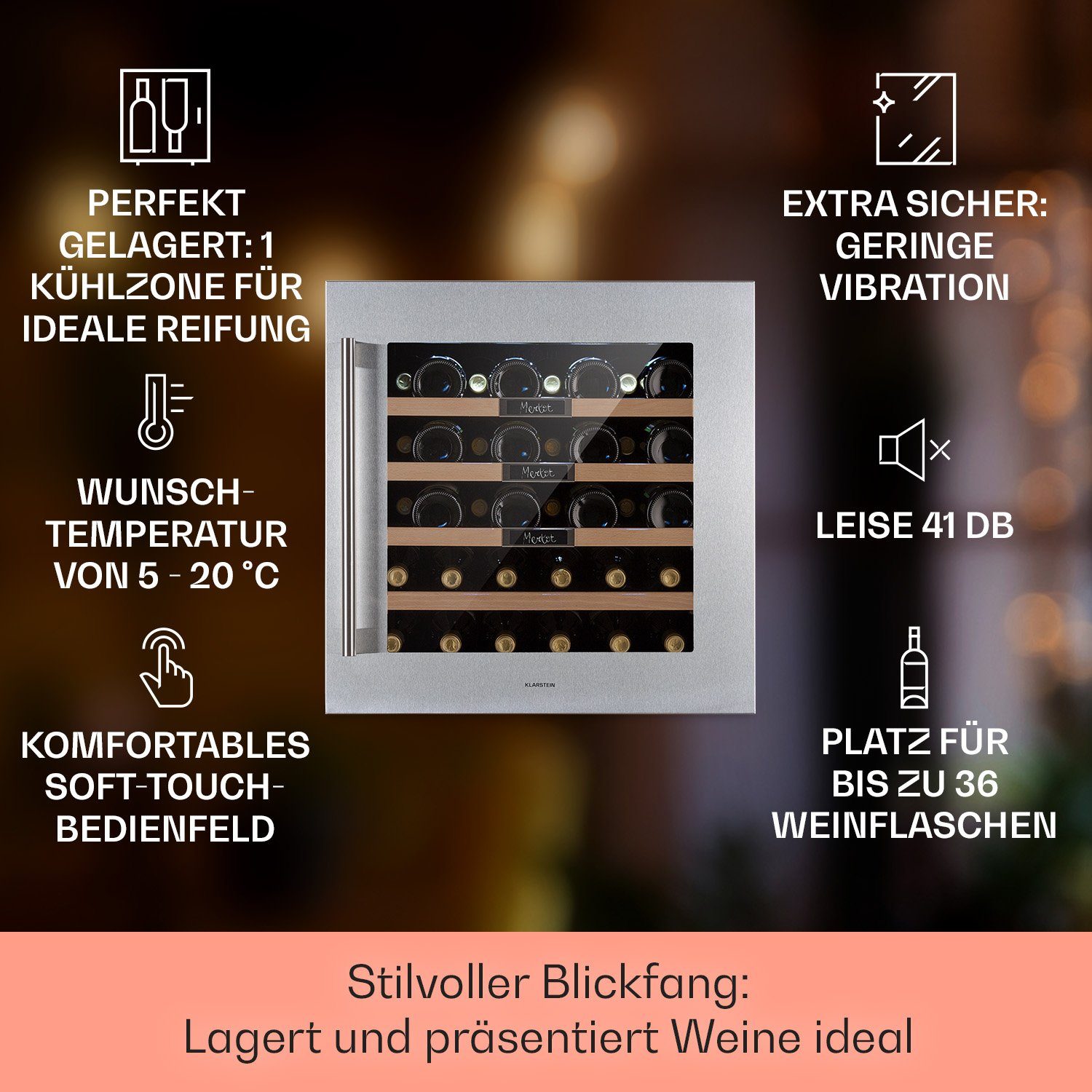 Klarstein Weinkühlschrank Built-In Vinsider für Edelstahl 36 Standardflaschen | 36 Edelstahl 0,75l Uno, á