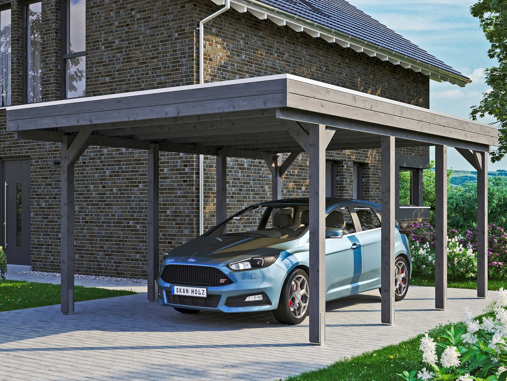 Skanholz Einzelcarport Friesland, BxT: 397x555 dunkelgrau cm, Einfahrtshöhe 221 cm