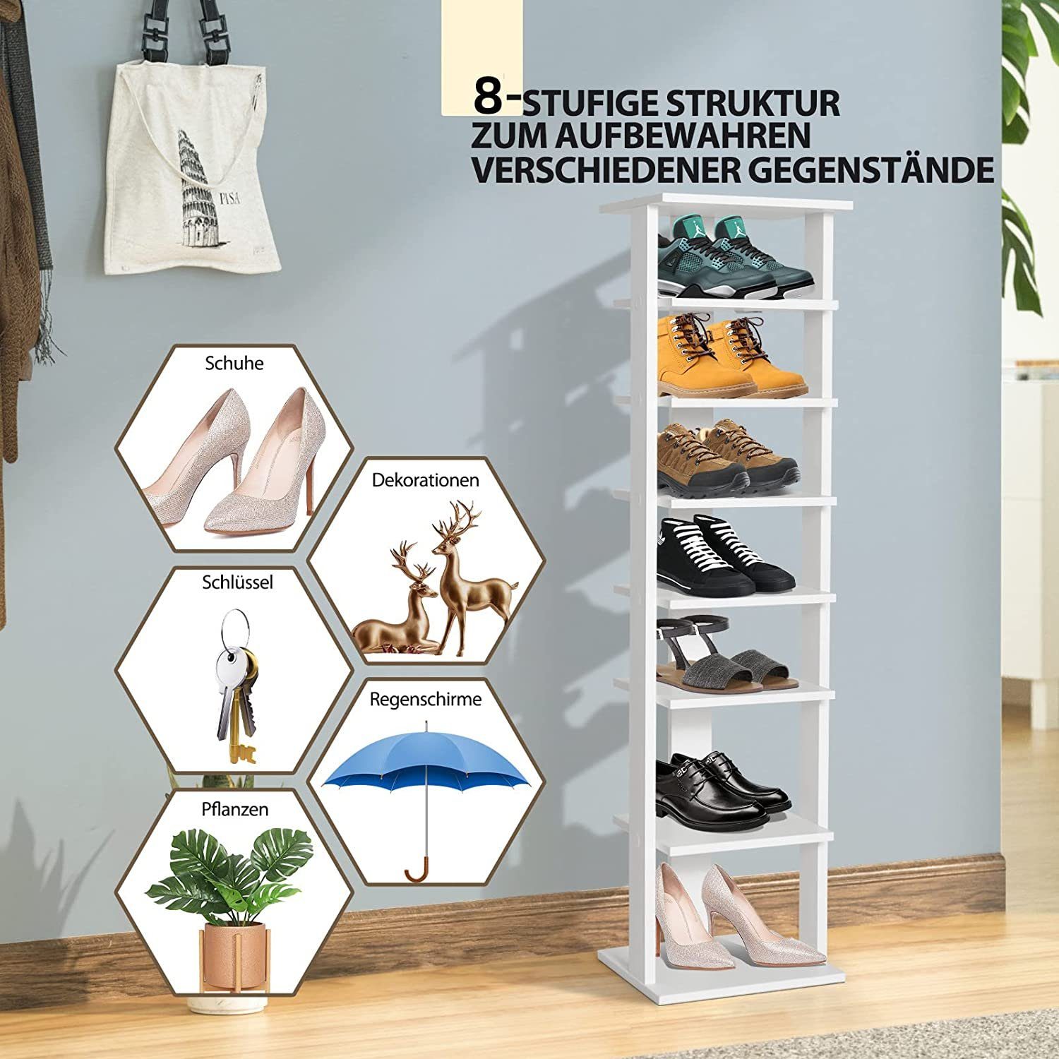 COSTWAY Schuhregal, schmal, höhenverstellbar, 8-stöckig, Holz, günstig online kaufen