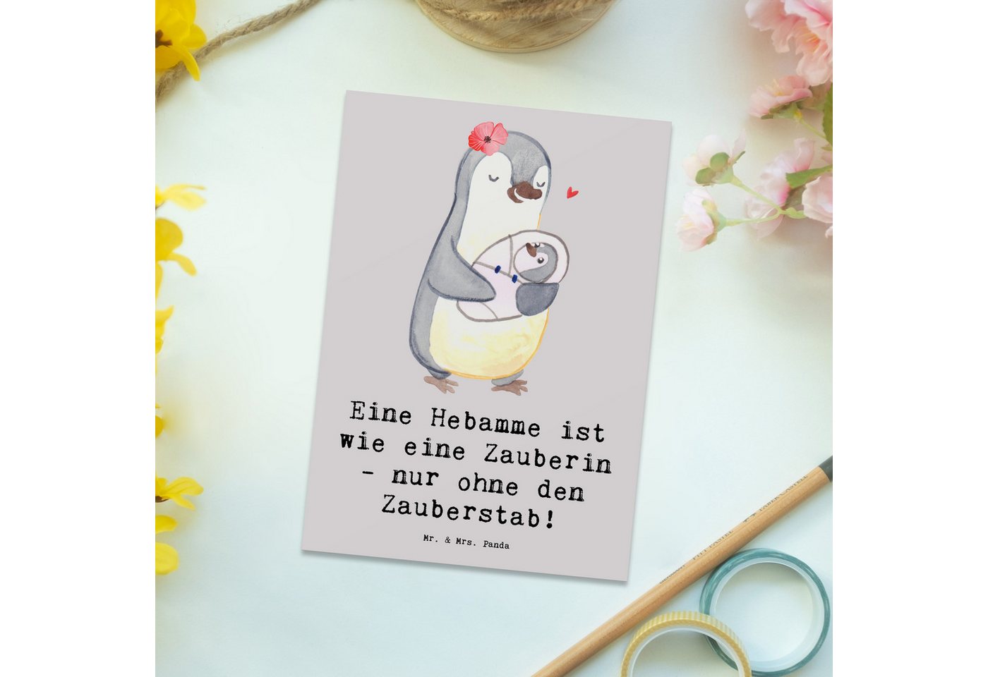 Thumbnail - Mr. & Mrs. Panda Postkarte Hebamme Magie - Grau Pastell - Geschenk, Geburt, kreative Geschenke, Hochglänzend veredelt