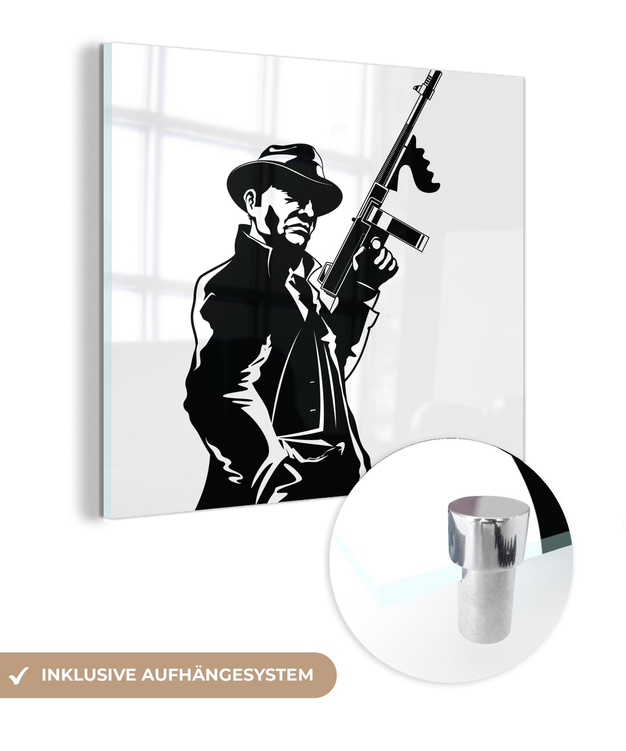 MuchoWow Acrylglasbild Illustration eines Mafia-Mitglieds mit einer Waffe in schwarz-weiß, (1 St), Glasbilder - Bilder auf Glas Wandbild - Foto auf Glas - Wanddekoration