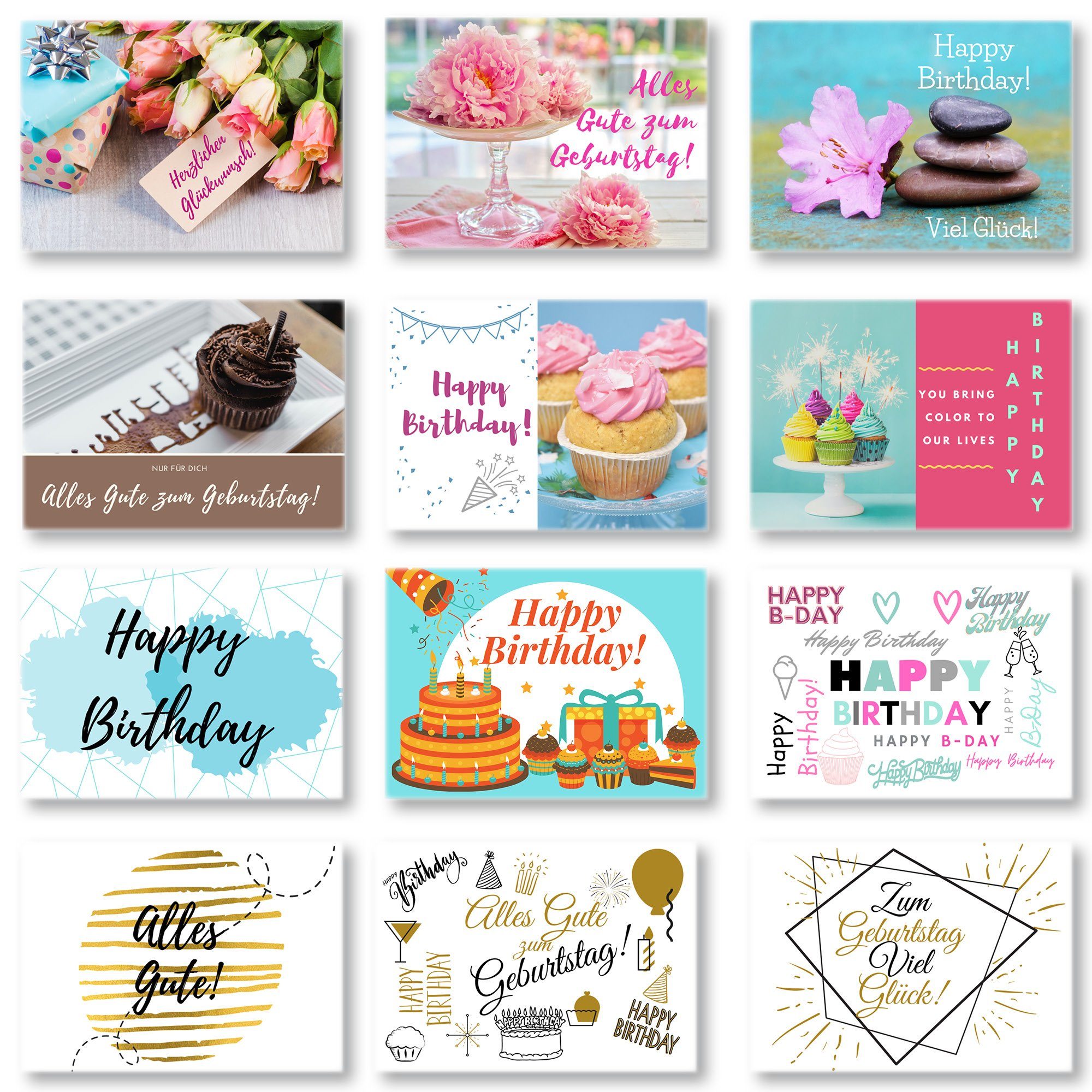 [Normaler Versandhandel] Domelo Geburtstagskarte Geburtstagskarten 24er Happy Grußkarten 24er zum Geburtstag Postkarten, Birthday Set, Kraftpapier Set mit Karten Umschlag