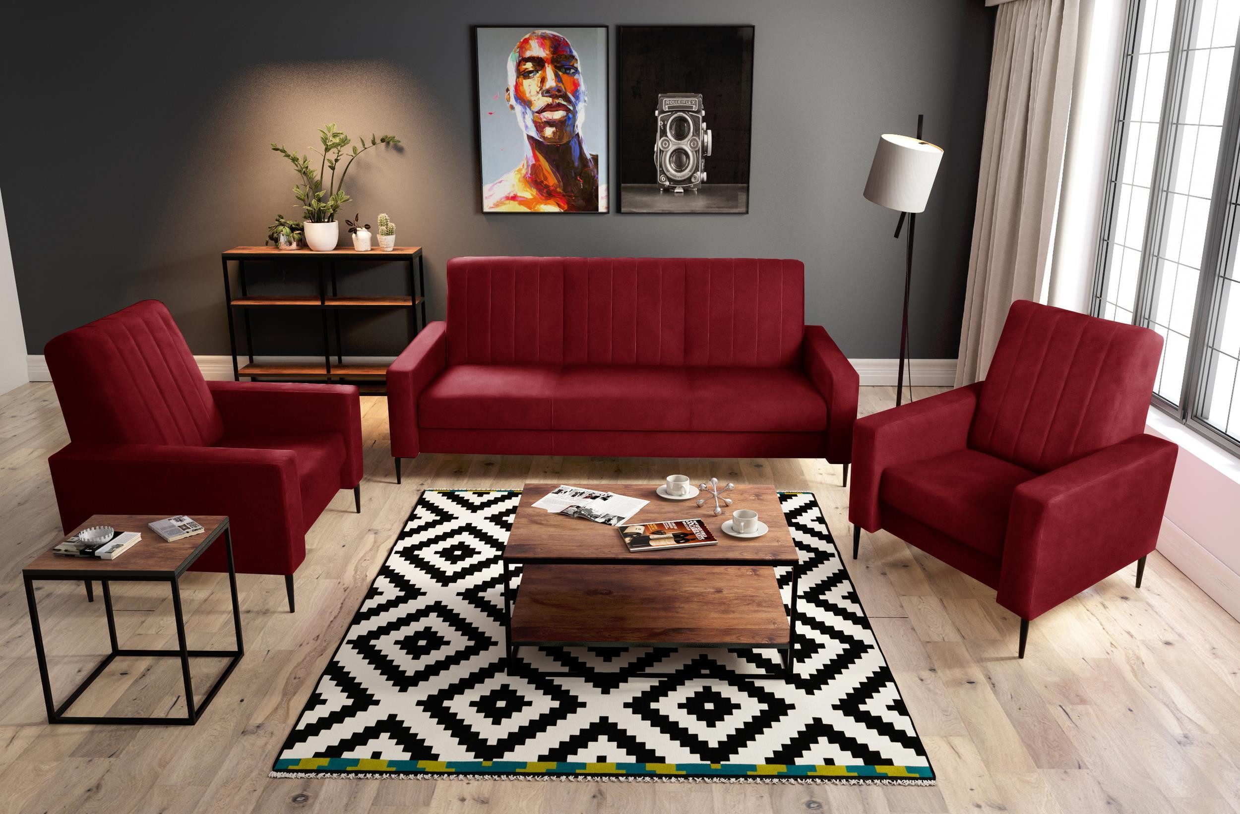 99rooms Polstergarnitur Wellington, (Couchgarnitur, Set (3-tlg), bestehend aus 1 × 3-Sitzer Sofa, 2 x Sessel, mit Steppung