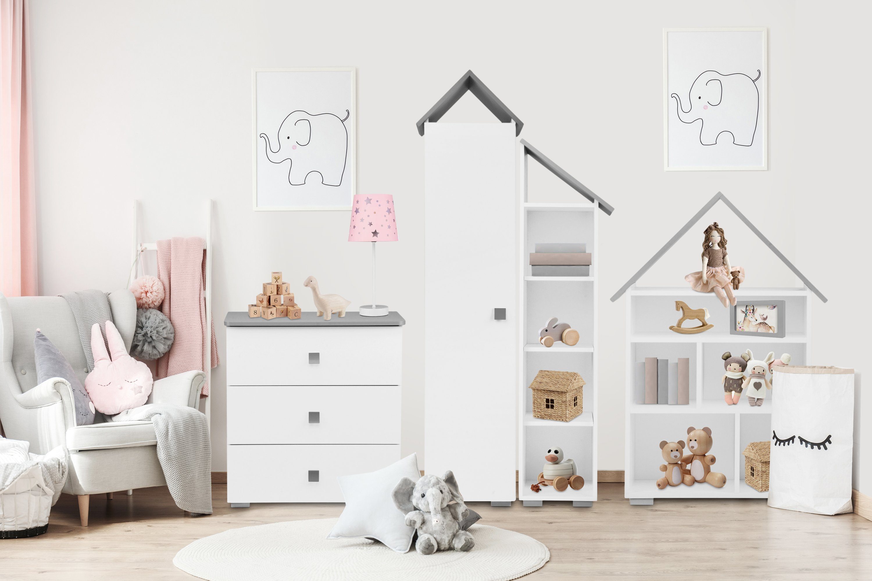 weiß/grau Kinderkleiderschrank PABIS und Kinder-Garderobe Ablageflächen, Stange Konsimo ABS-Kanten Kinderzimmer mit Kinderkleiderschrank zu