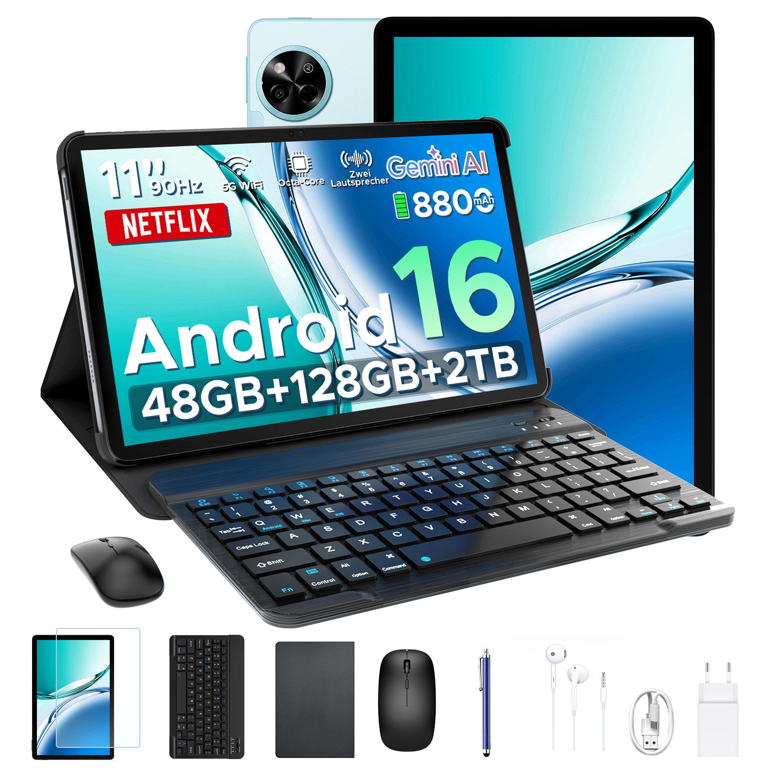 Aorlym P11 Android 16 Tablet 11 Zoll mit Tastatur und Stift, 90Hz, 8800mAh Tablet (11", 128 GB, Android 16, T7250 Octa Core, Gemini AI, 13MP + 5MP, Widevine L1, Face ID/OTG/GPS)