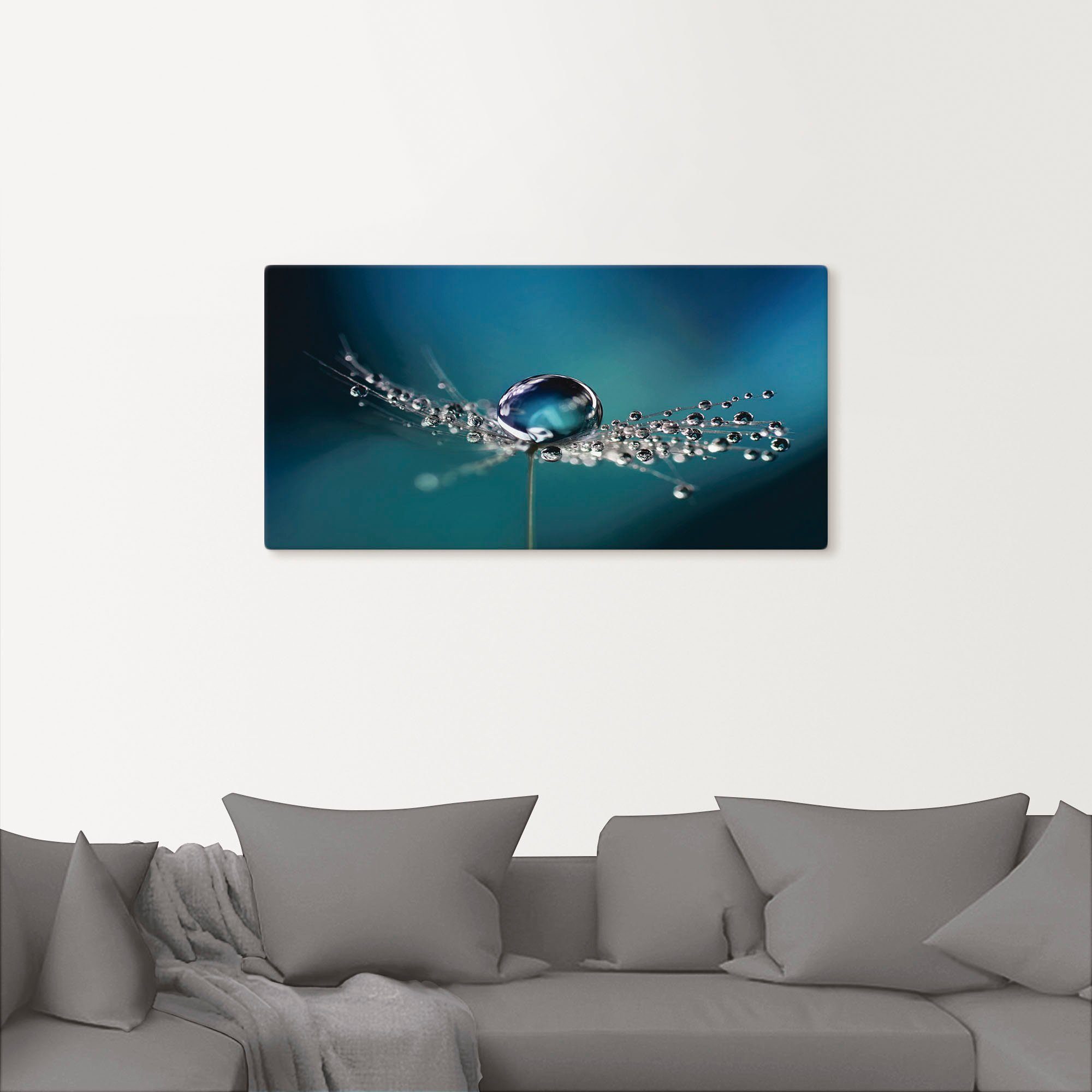 Artland Leinwandbild Pusteblume Tautropfen blau, Blumenbilder (1 St), auf Holzrahmen gespannt