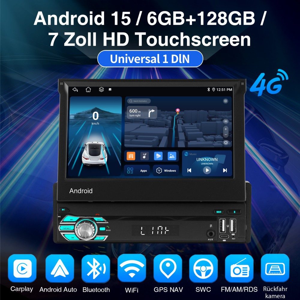 ESSGOO 8-Kern 6+128G Android 15 CarPlay 7" Autoradio GPS Single 1DIN 4G+WiFi Autoradio (RDS, Digitalradio (DAB), FM, AM, Android Auto Bluetooth Navigationsgeräte Rückfahrkamera(optional)