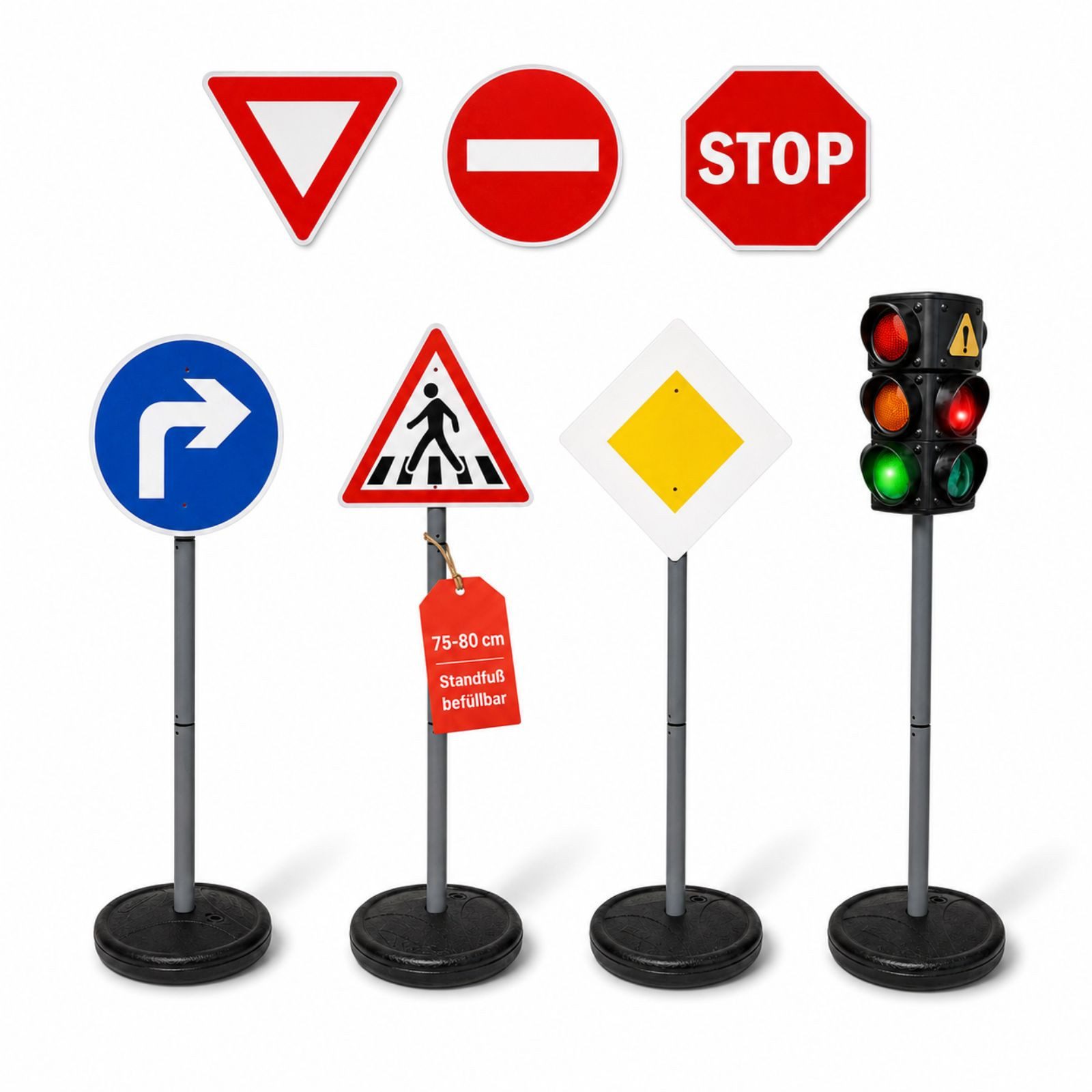 alldoro Spiel-Verkehrszeichen XL Verkehrsset für Kinder mit Verkehrsampel & 6 Straßenschildern, 75-80 cm hoch, Standfüße befüllbar, Verkehrserziehung & Rollenspiele