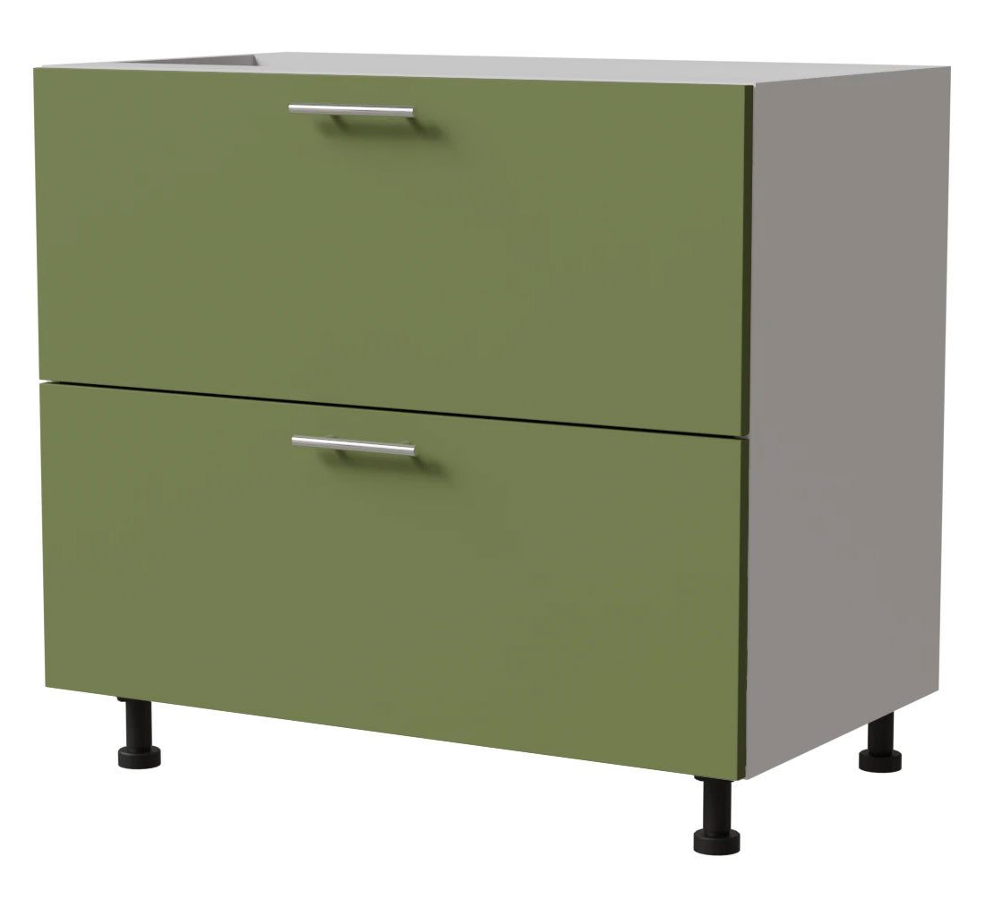 Feldmann-Wohnen Unterschrank Brerra (D2R/90, 2 Schubladen, REJS Komfort Box Vollauszug, 1-St., moderne Optik, lackierte Fronten, 90x50x82cm) weiß / RAL 6025 farngrün matt