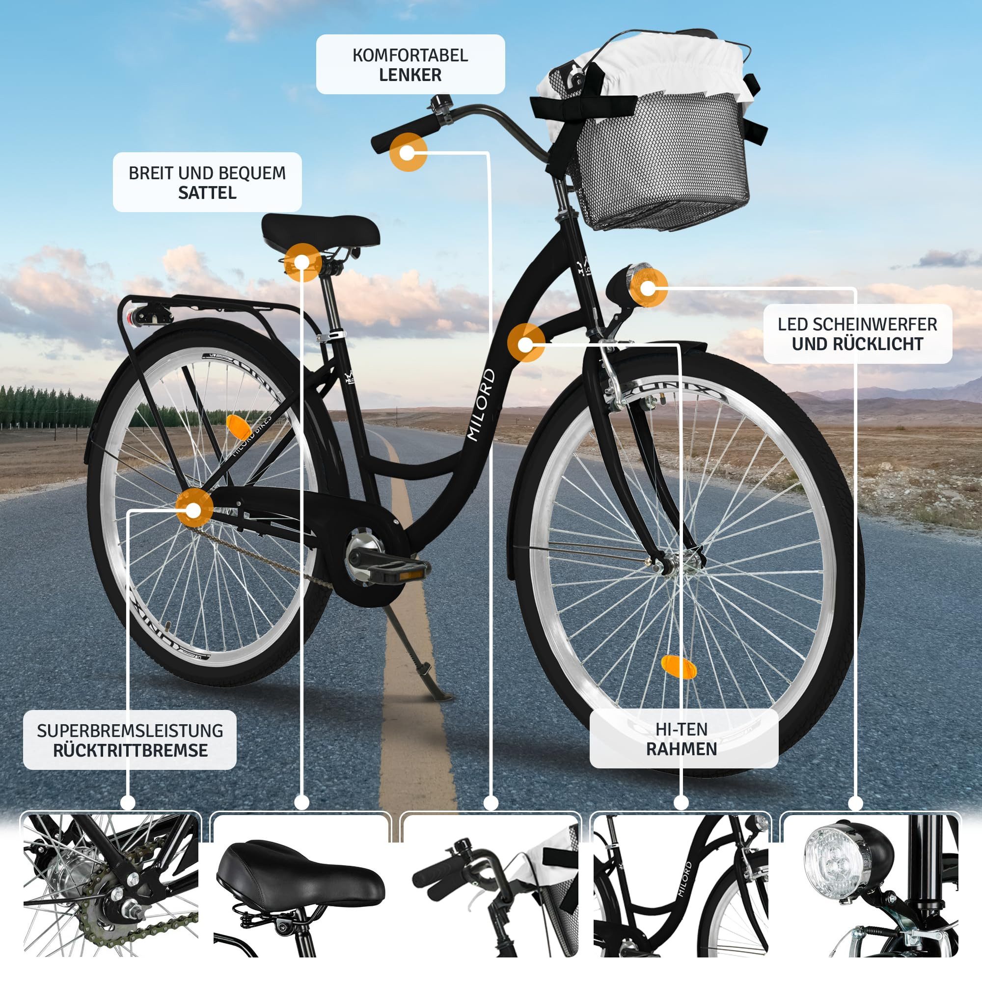 Milord Cityrad Milord City Fahrrad Korb Damenfahrrad, 28/26 Zoll, Schwarz, 1-Gang, 1 Gang, (Fahrradständer, Gepäckträger, Klingel, Korb, Kotflügel)