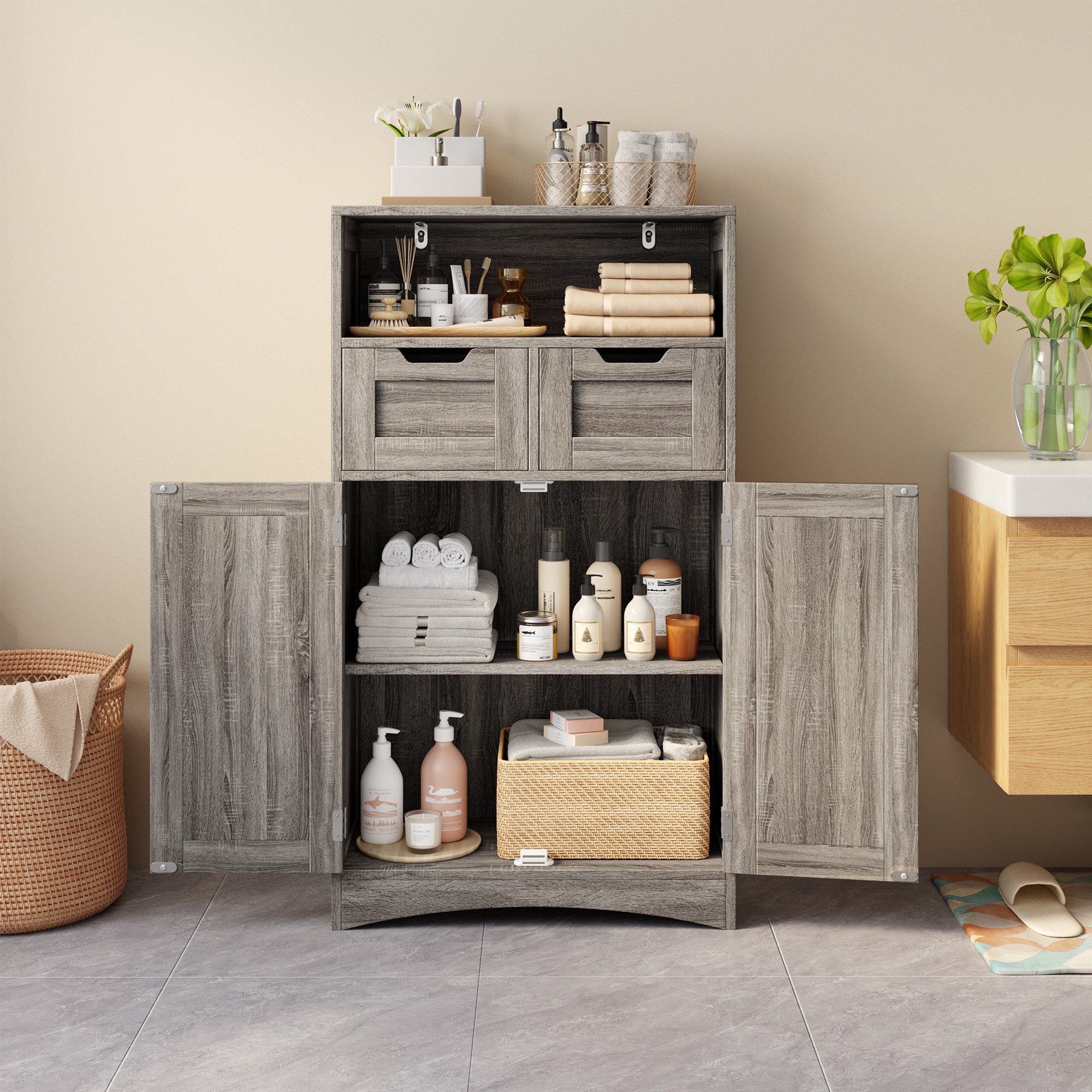 Bealife Badkommode mit 2 Schubladen, verstellbares Regal, multifunktional