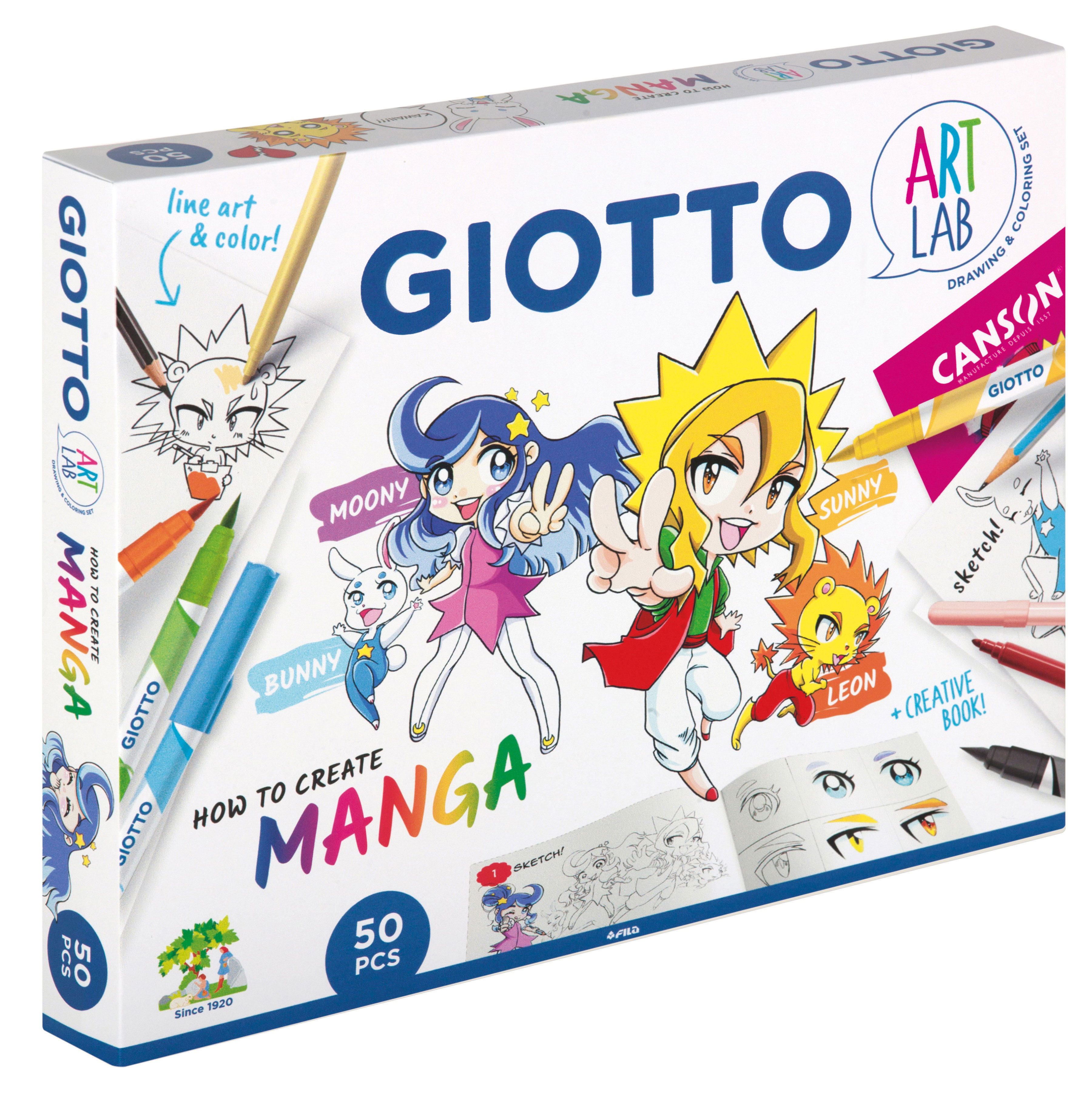 GIOTTO Malkreide Giotto Art LAB How to create Manga Komplettset 50 Teile, (Set aus Papier, Stifte und Buch, Set aus Papier, Stifte und Buch)