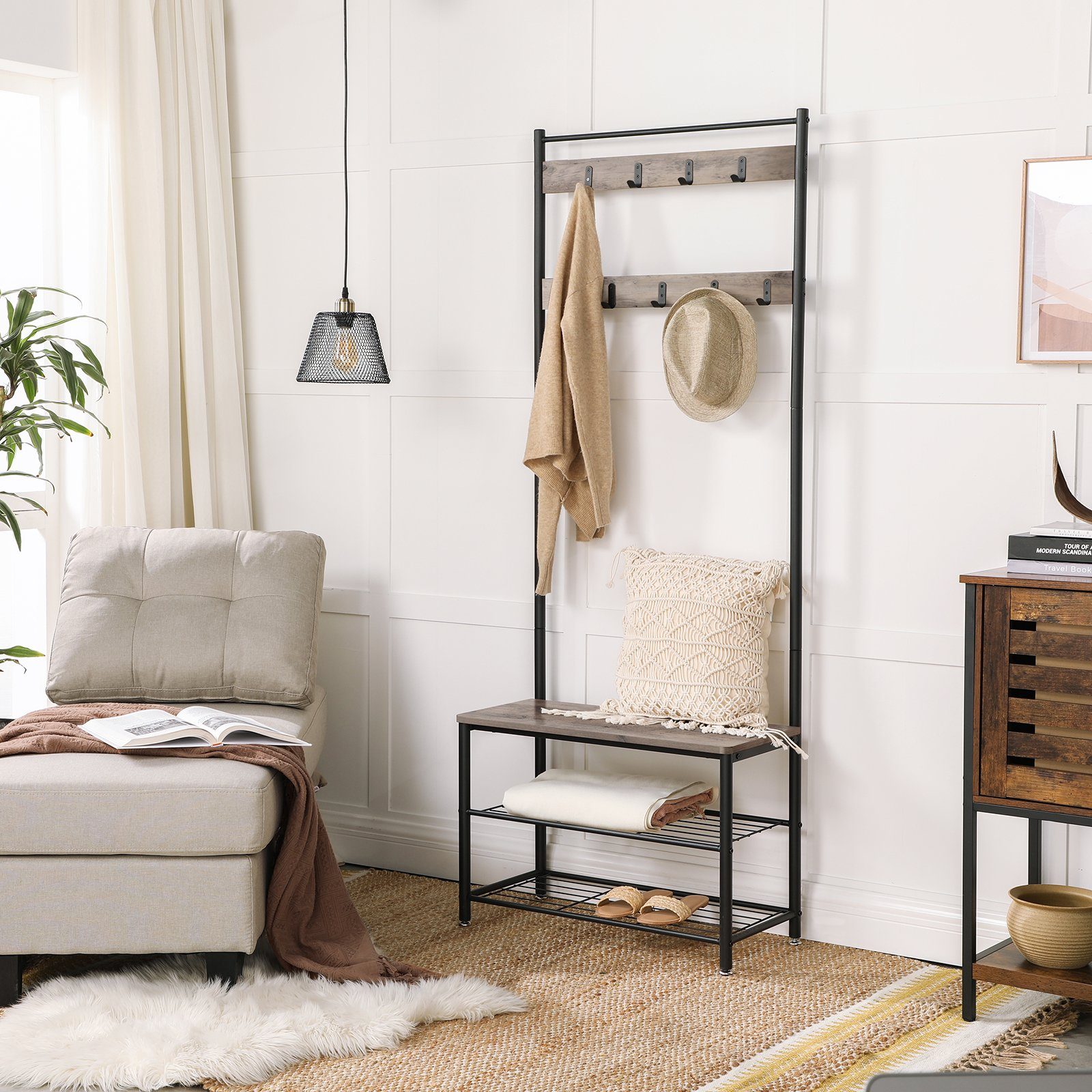 VASAGLE Garderobenständer Garderobe, Kleiderständer, mit Schuhbank, 3-in-1 Design, Stahl, 32 x 70 x 175 cm