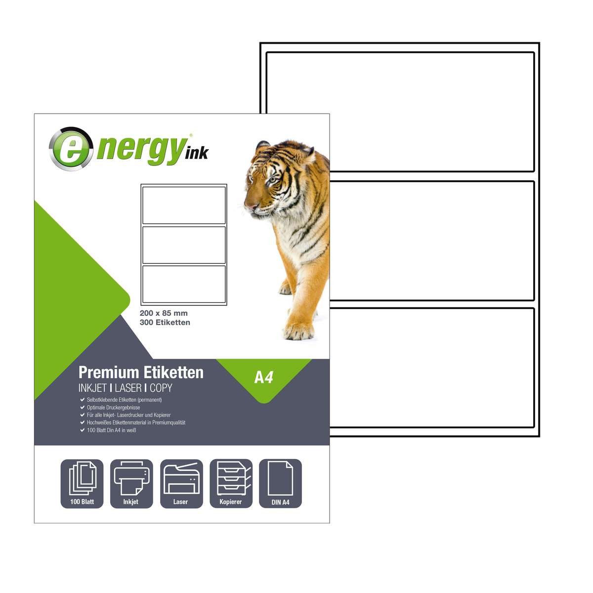 Energy-ink Etikettenpapier energy ink ET200x85, Etiketten 200x80 mm - 100 Blatt = 300 Etiketten