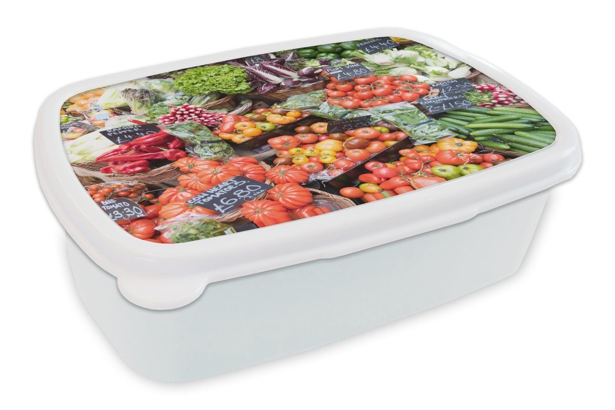 MuchoWow Lunchbox Markt - Obstkisten - Gemüse, Kunststoff, (2-tlg), Brotbox für Kinder und Erwachsene, Brotdose, für Jungs und Mädchen weiß
