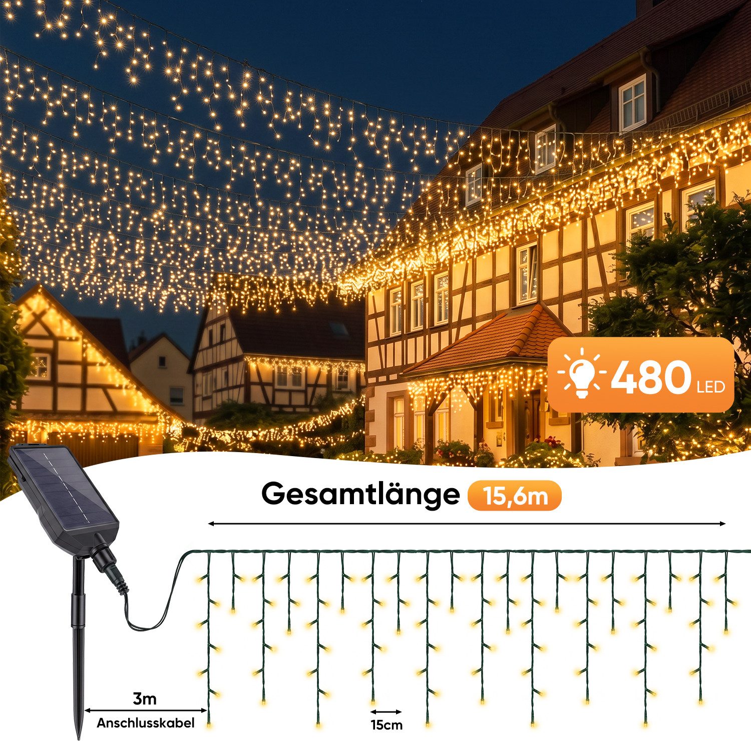 Salcar LED Solarleuchte LED-Lichtervorhang LED Lichterkette Solar Eisregen Lichtervorhang, 15,6m 480 LED Lichtervorhang Aussen 13 Modi Warmweiß mit Fernbedienun – Bild 5 von 5