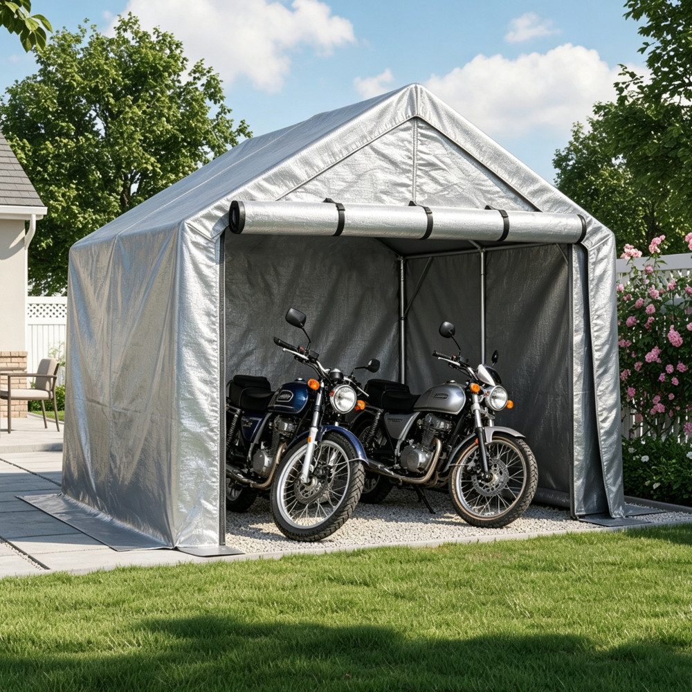 BBG Carport-Geräteraum Geräteschuppen 244×241×217 cm mit verzinktem Stahlrahmen, BxT: 244x241 cm, Fahrradgarage mit Rolltor, Gartenlager für Fahrräder