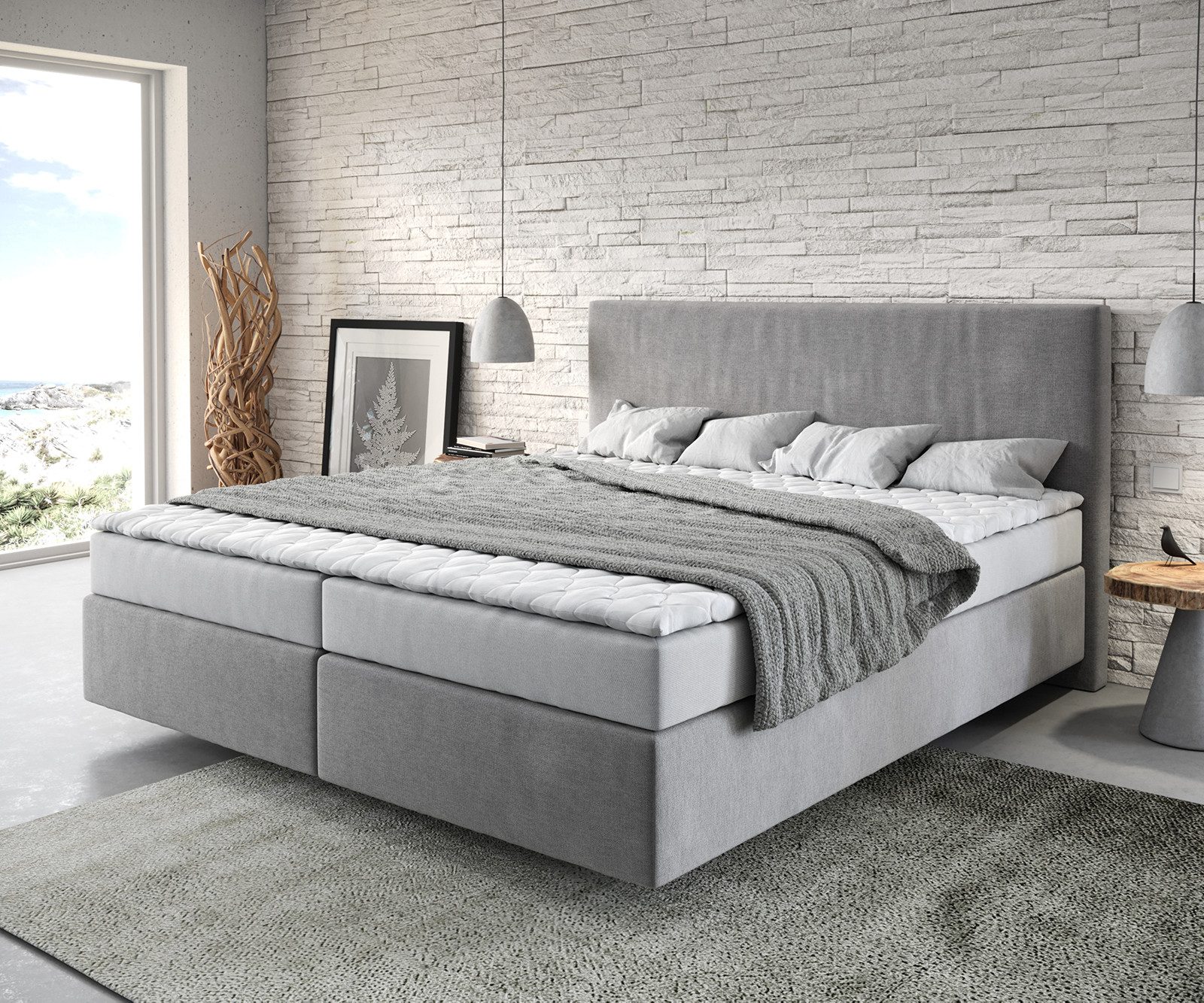 DELIFE Boxspringbett Dream-Well, Mikrofaser Grau 180x200 cm mit Matratze und Topper