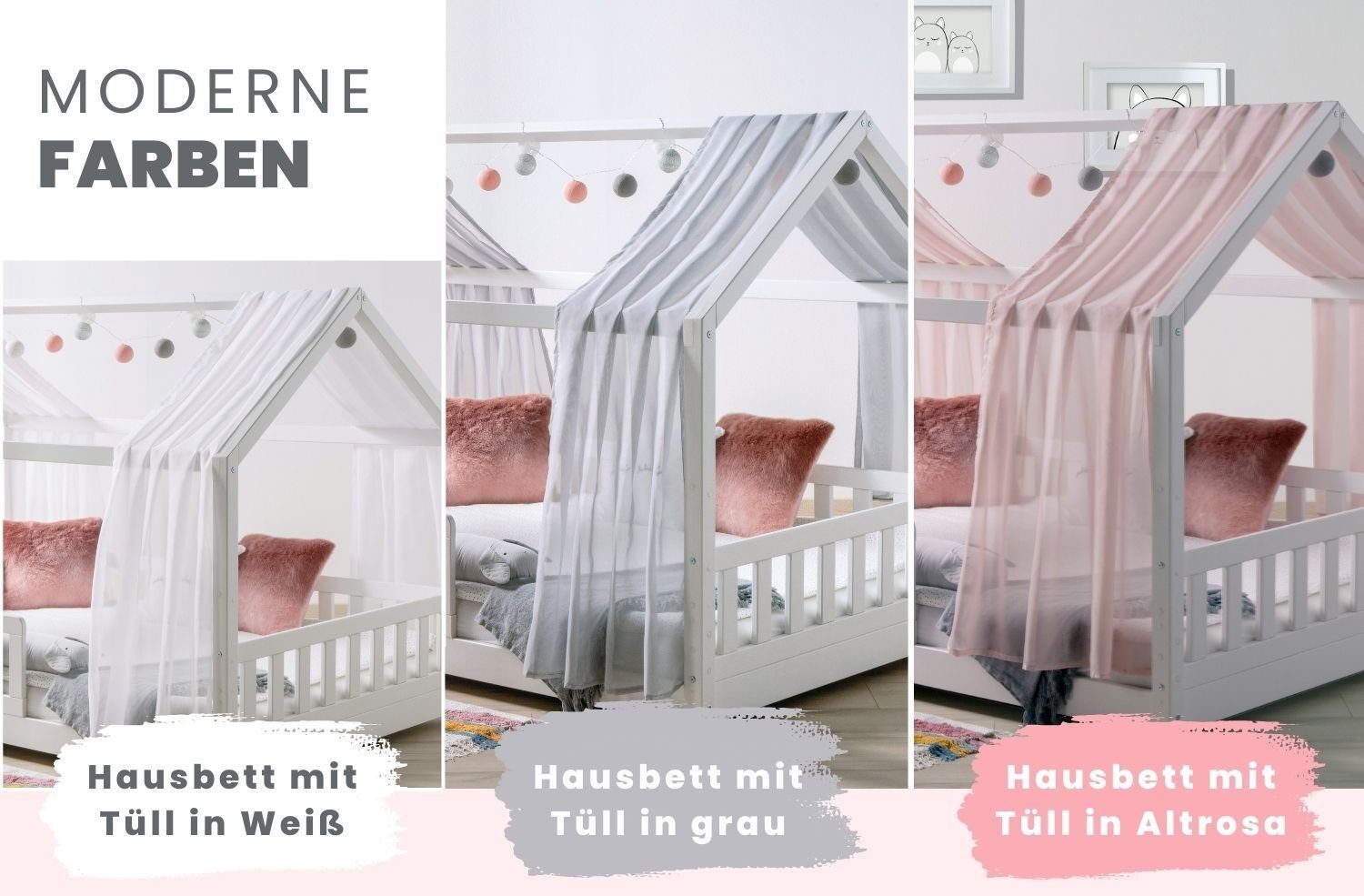 Ticaa Hausbett Kim mit Rausfallschutz und Schubkasten aus Kiefer, Kinderbett 90x200, inkl. Tüll-Set, mit Rollrost