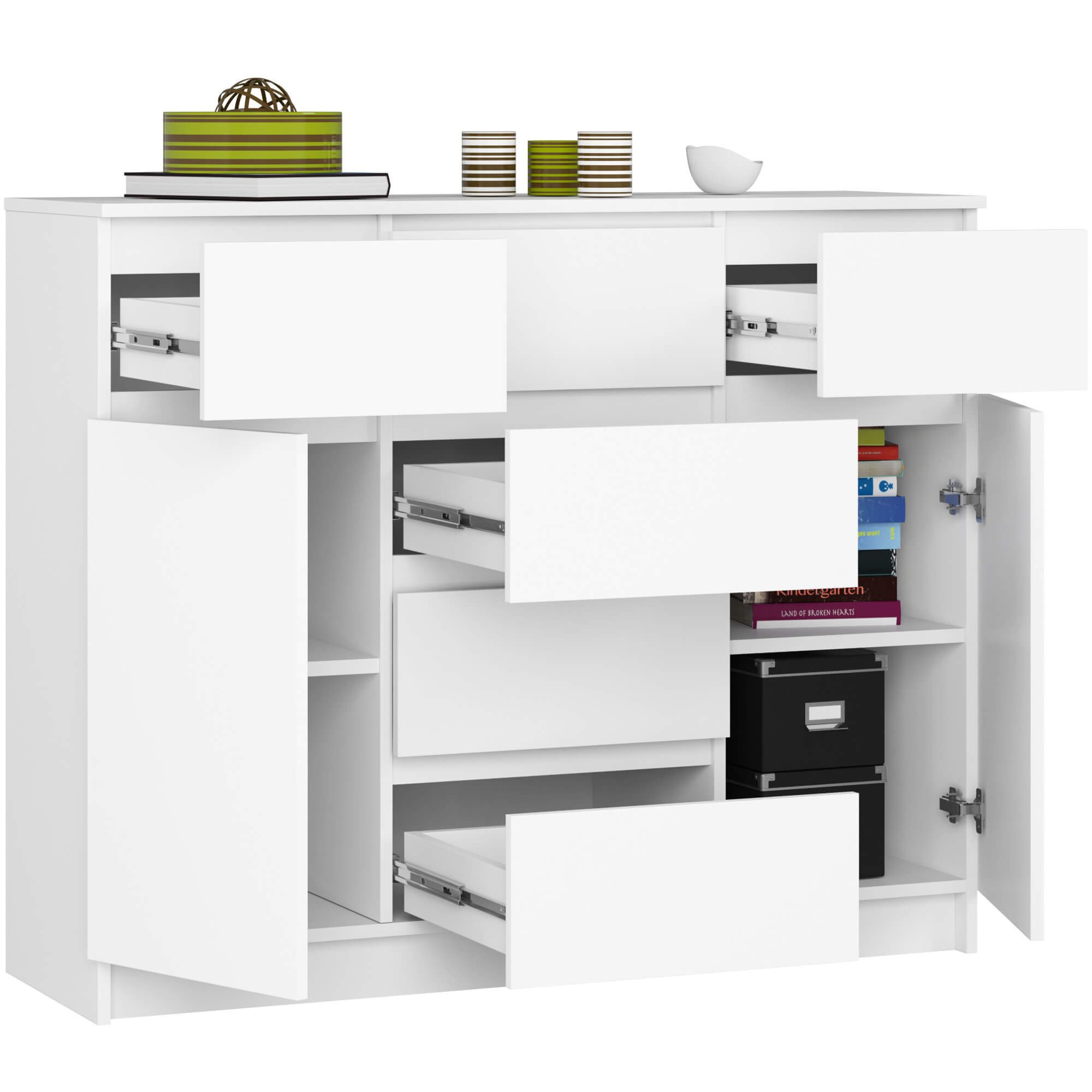 Raumhirsch Furniture Kommode mit 6 Schubladen, 2 Schranktüre, 120 cm breit Holz Schrank, Highboard / Kommode 120 cm, Sideboard Organizer für jeden Raum