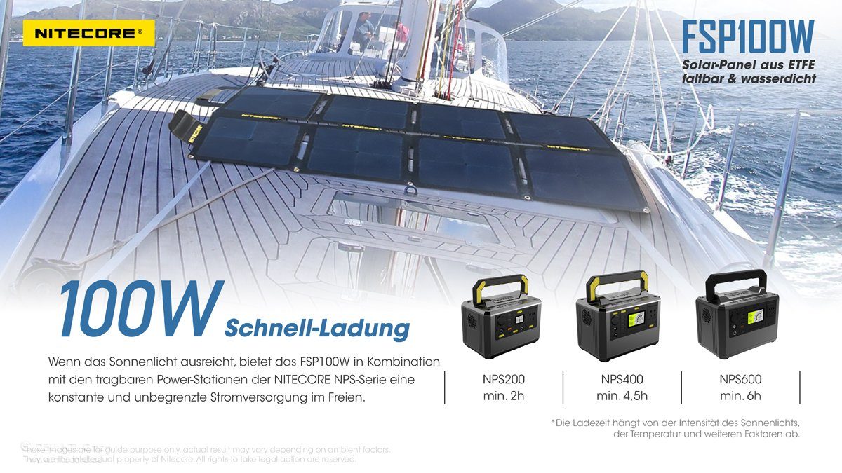 FSP100W 100W Solarpanel Nitecore IPX5- Akku Nitecore