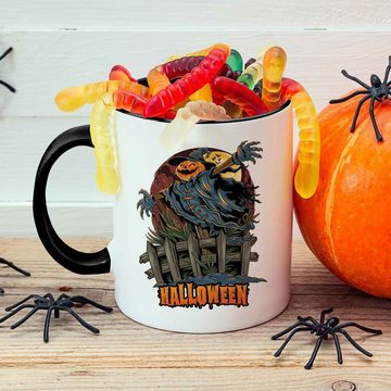 GRAVURZEILE Tasse mit Motiv im Halloween Vogelscheuche Design, Keramik, Farbe: Schwarz & Weiß V2
