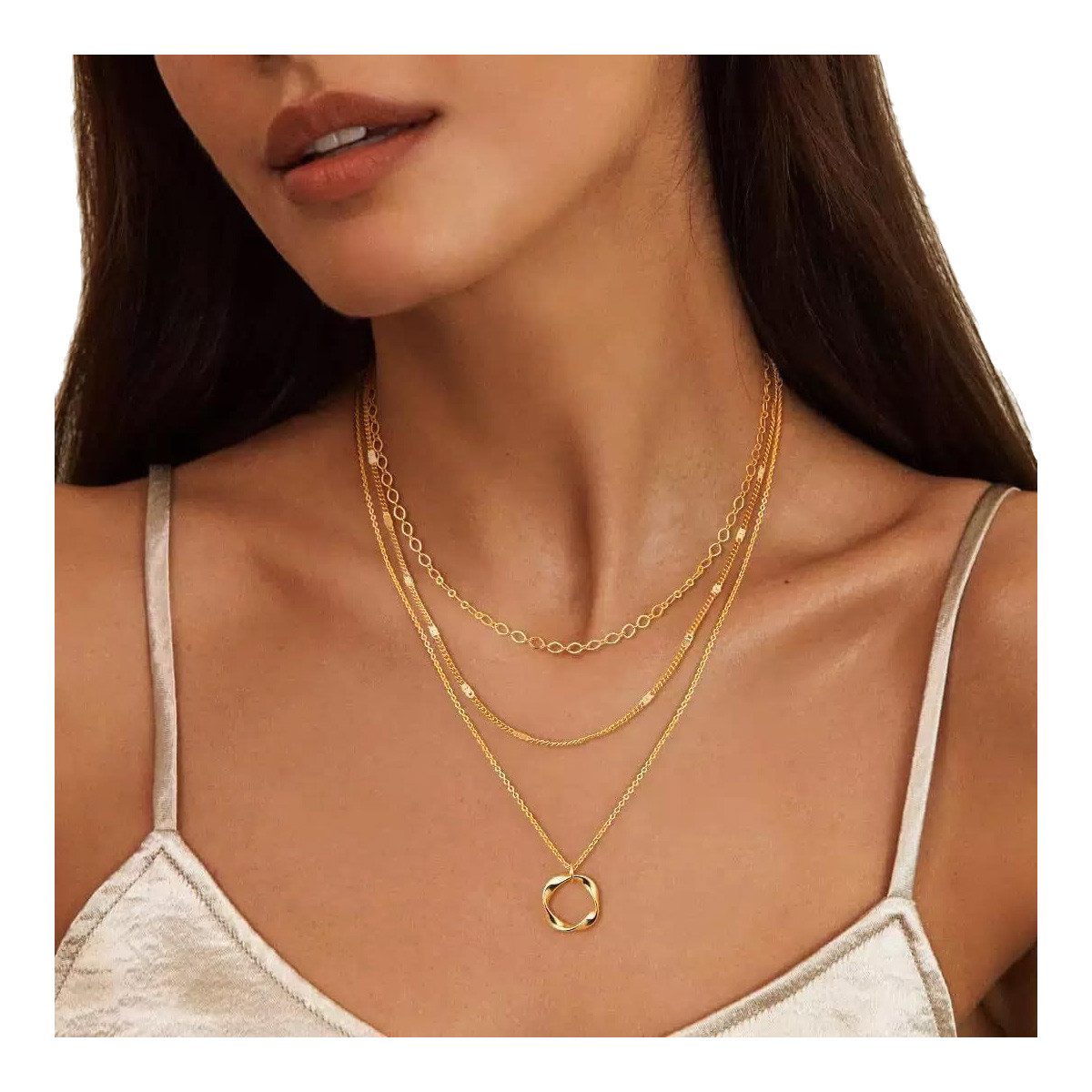 Zaewry Kette mit Anhänger 3-in-1 Layering Halskette Damen – Mehrreihige Kette, mit geometrischem Anhänger, eleganter Schmuck für Damen & Geschenkidee
