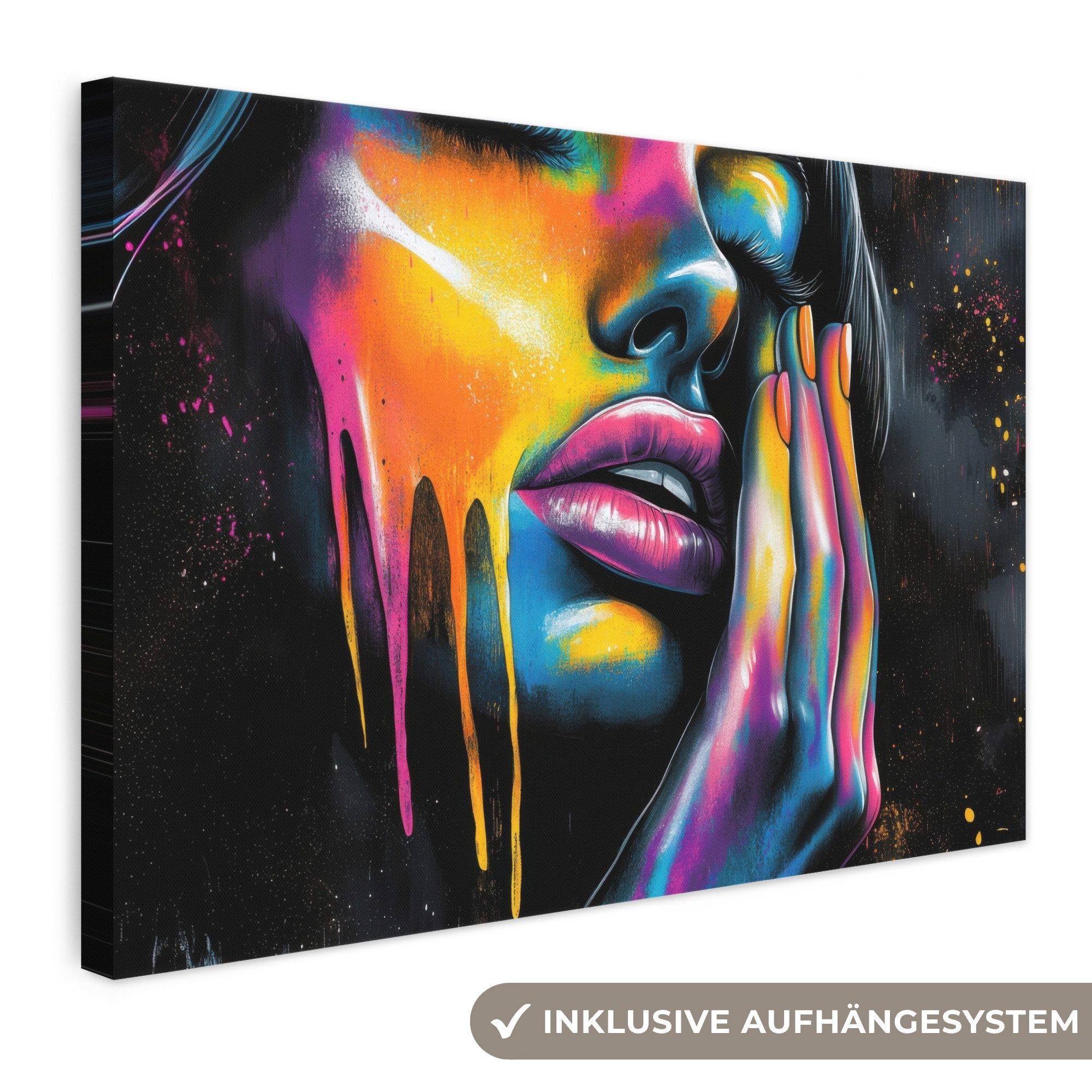 OneMillionCanvasses® Leinwandbild Frau - Gesicht - Farbe - Künstlerisch, Fotodruck (1 St), Leinwand Bilder Klein, Wand Dekoration Aesthetic 30x20 cm