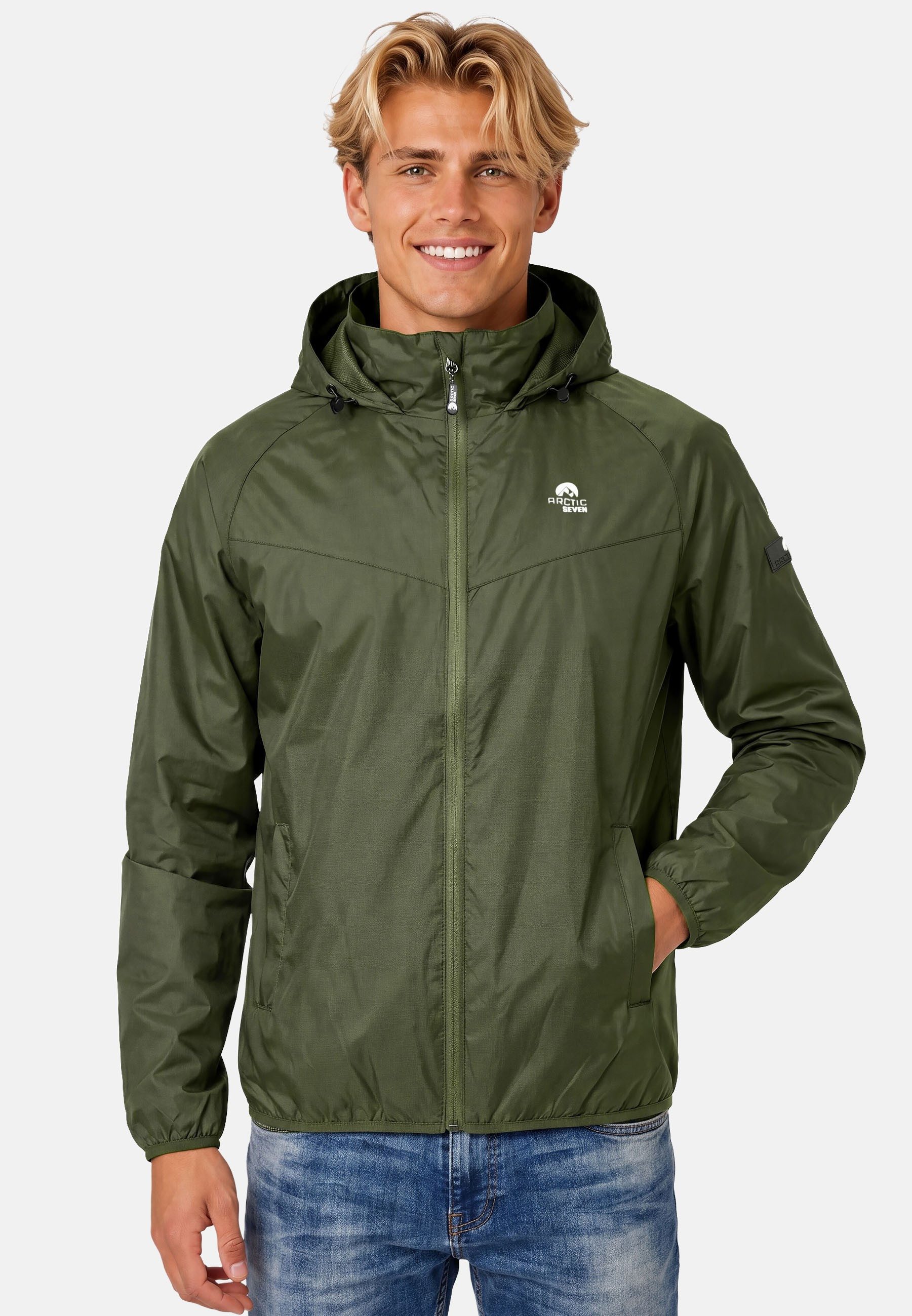 Arctic Seven Regenjacke Herren leicht mit Kapuze – Wasserabweisende Outdoorjacke mit hochstehendem Kragen