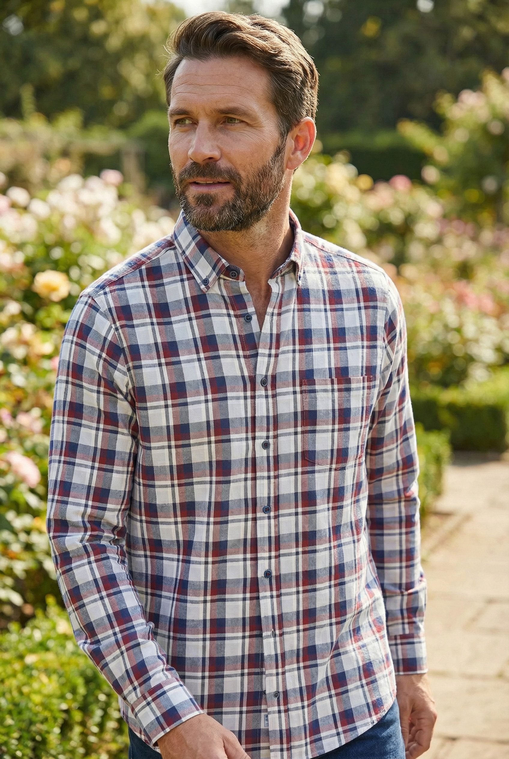 Langarmhemd Modern Fit Langarm Baumwoll-Herrenhemd Karo Grau Rot Style Frühling