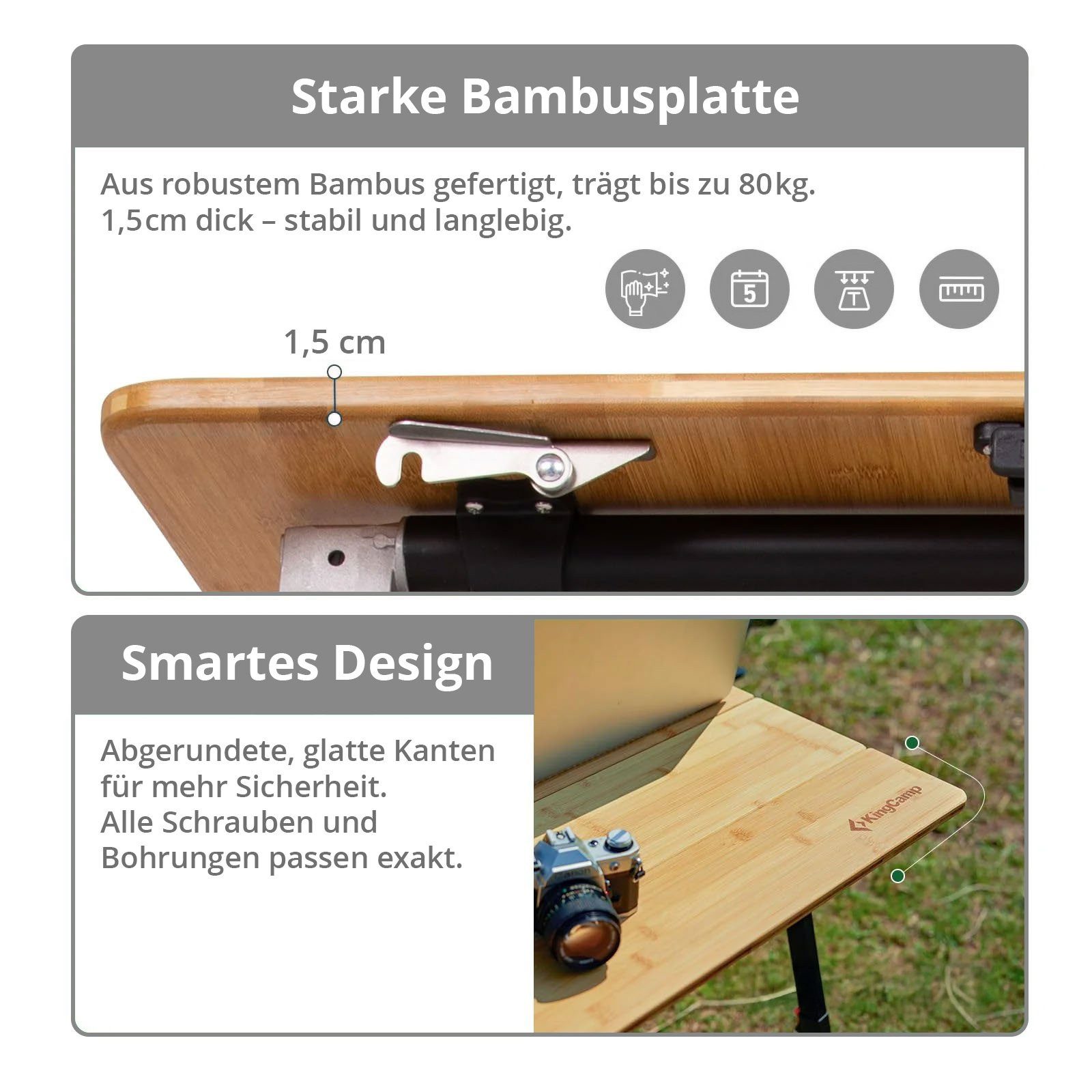 KingCamp Campingtisch Bambus Campingtisch Woboo M Camping - Falttisch Kl