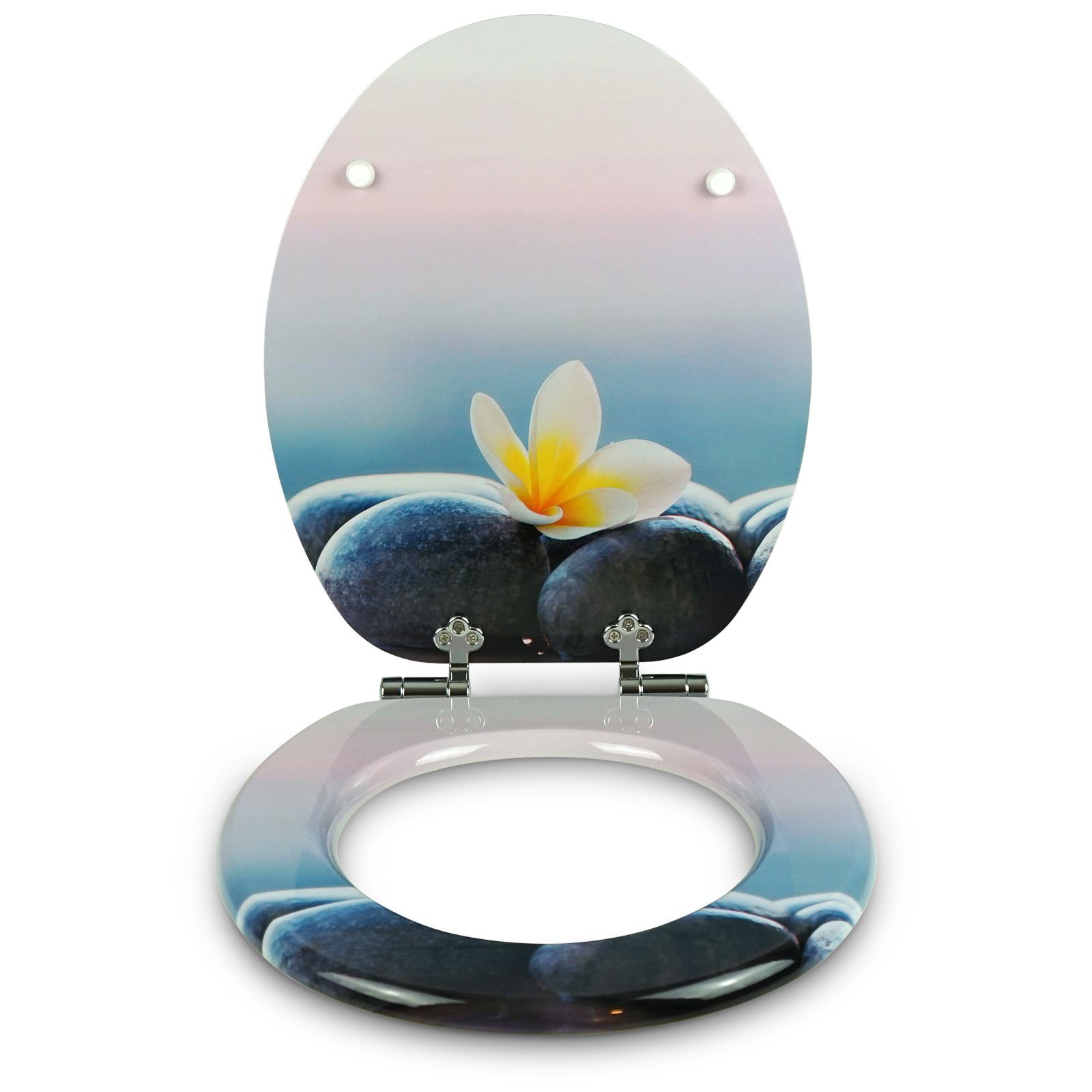 Sanfino WC-Sitz "Flower & Stones“ Premium Toilettendeckel mit Absenkautomatik aus Holz, bunter WC Sitz mit Motiv, hoher Sitzkomfort, einfache Montage