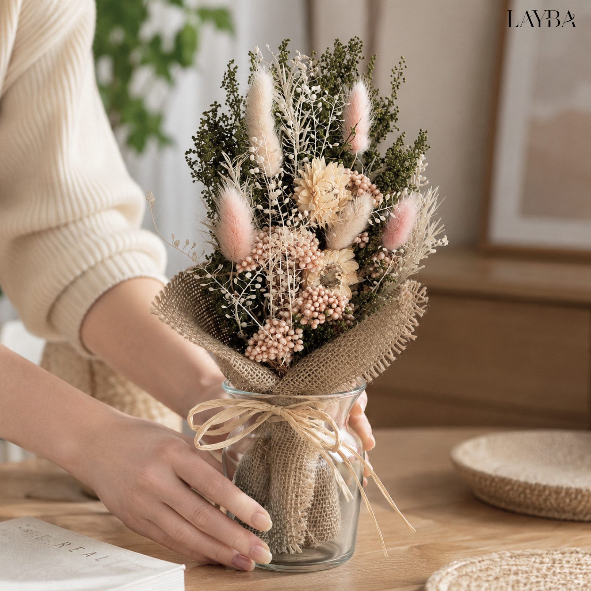 Trockenblume LAYBA Trockenblumenstrauß Rosa Natur mit Jute, Layba, Höhe 15 cm