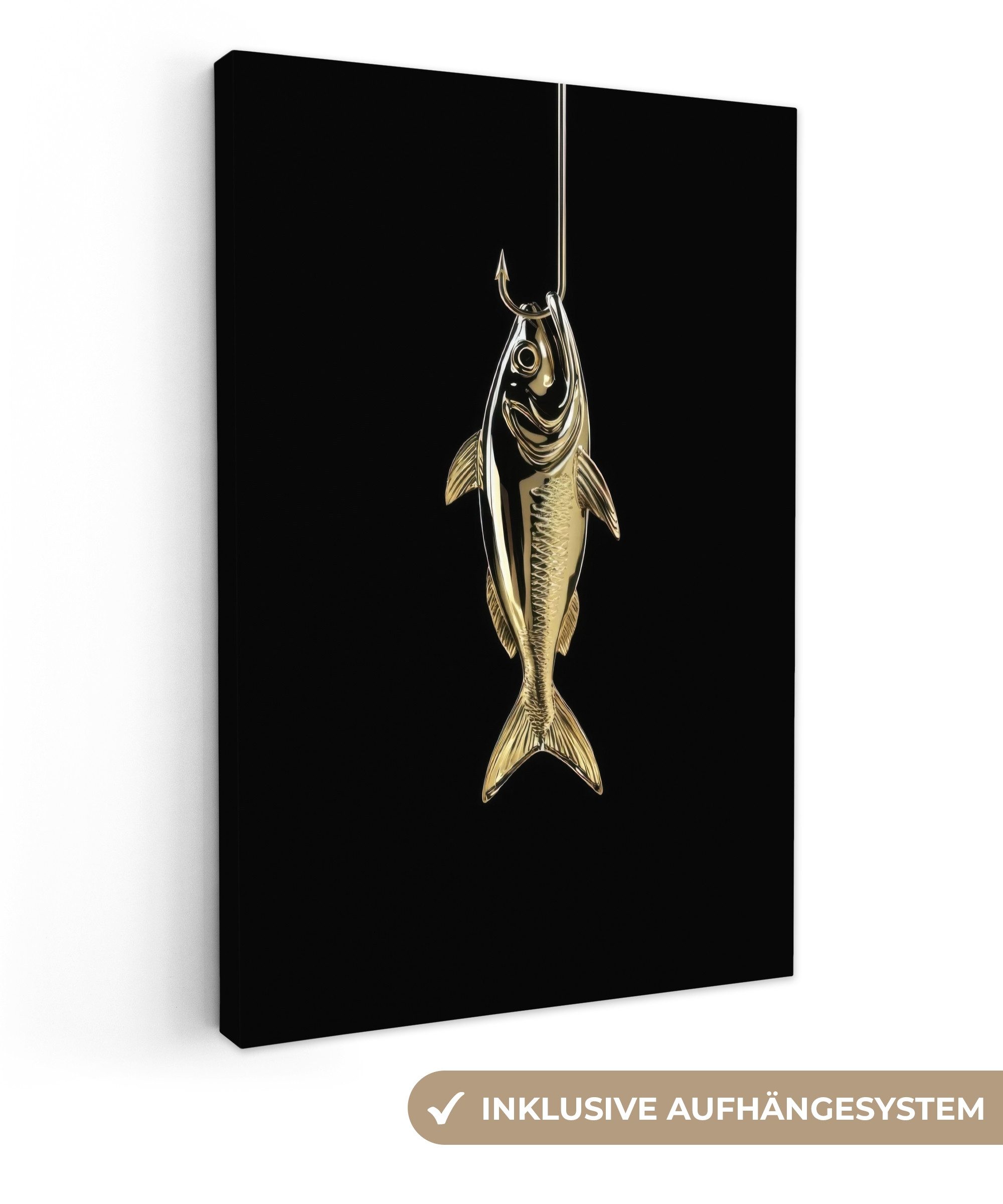 Leinwandbild Gold - Fisch - Haken - Schwarz - Küche