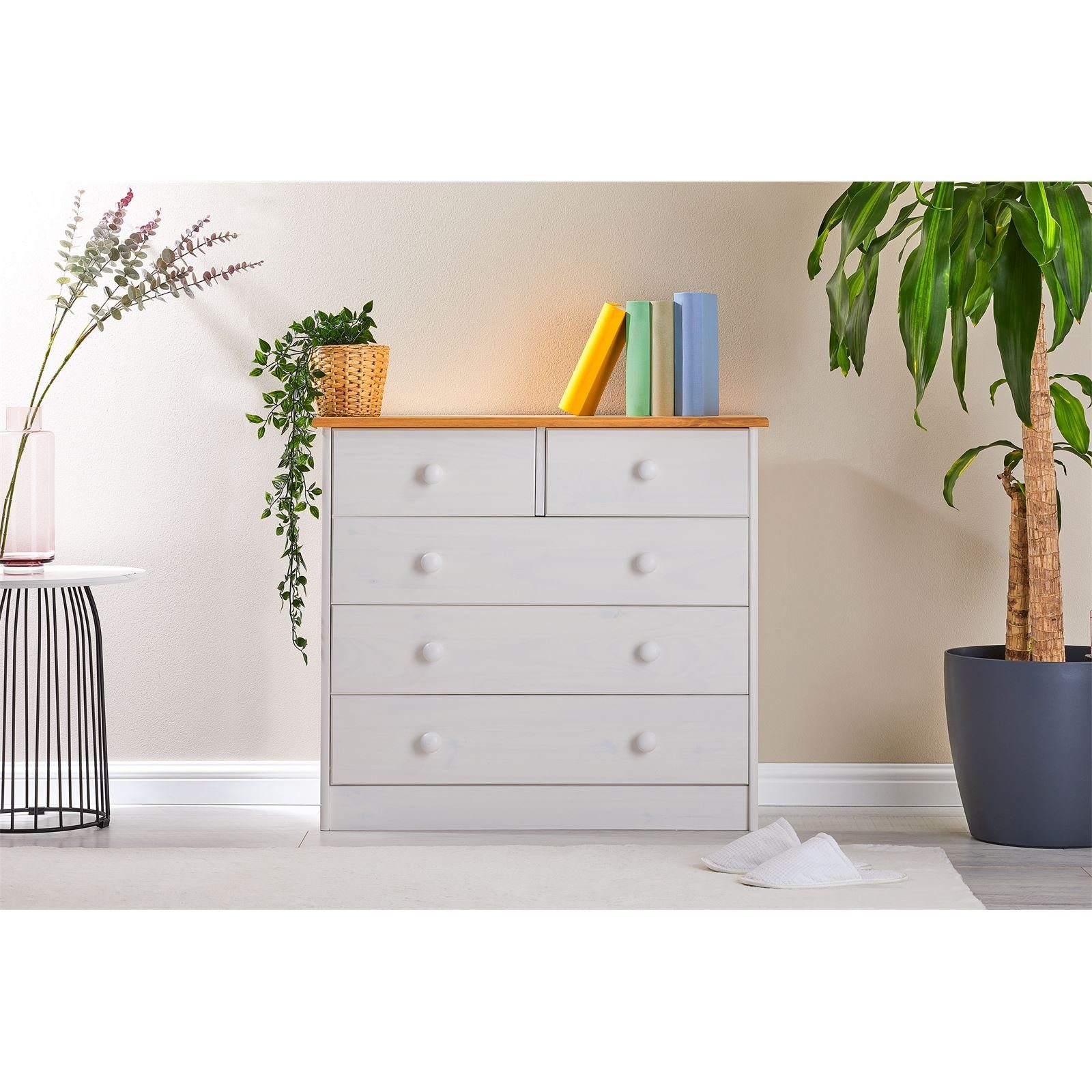 IDIMEX Kommode RONDO, Kommode Anrichte Sideboard mit 5 Schubladen Kiefer massiv lackiert in