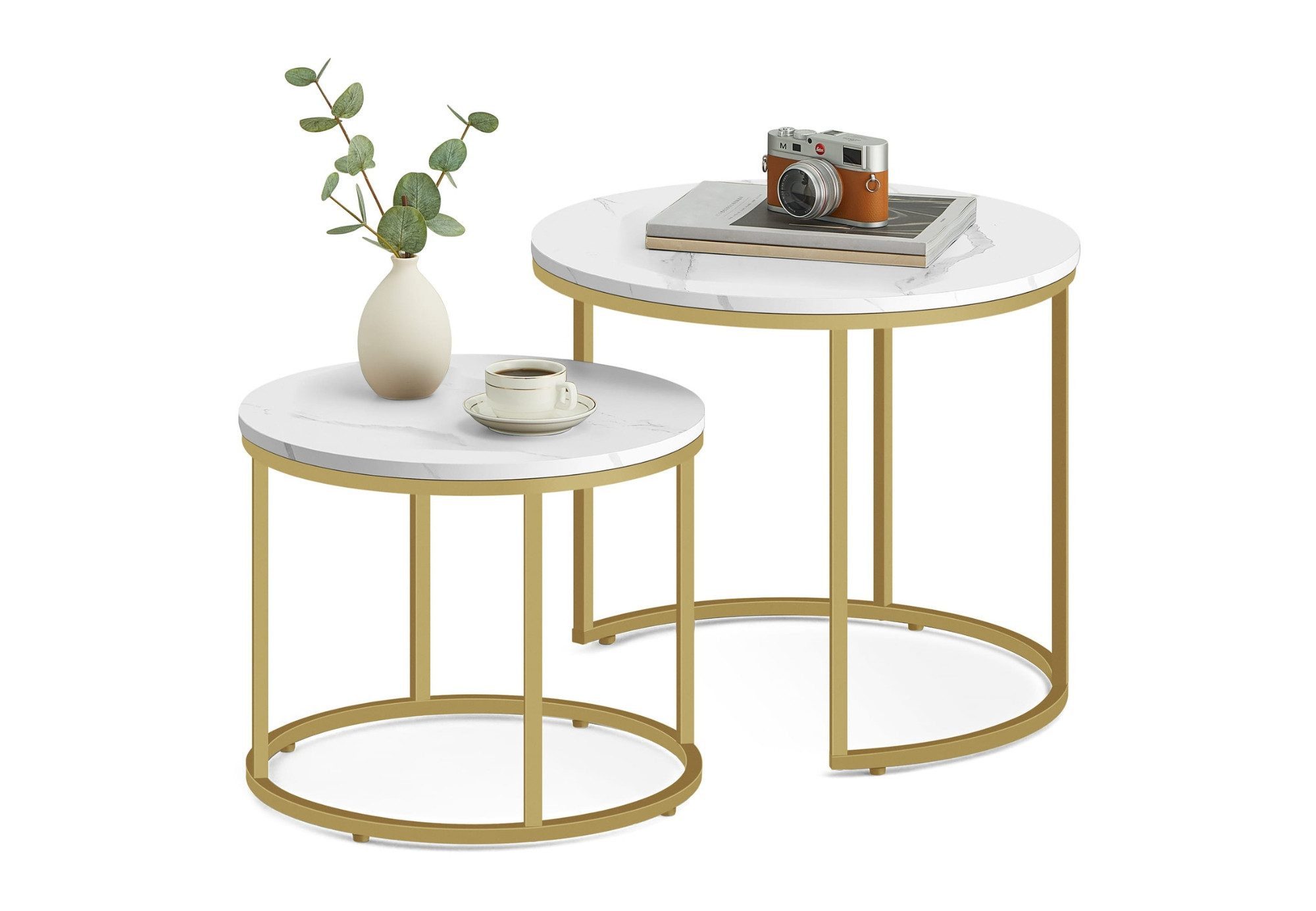 Home Collective Couchtisch 2er Set Beistelltisch Loft Design 2in1 Verschachtelung Wohnzimmer, kratzfeste Oberfläche 53cm & 43cm Marmor Optik, goldenen Beinen rund