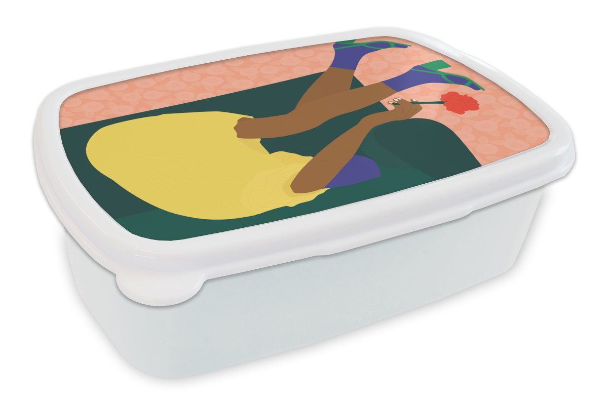MuchoWow Lunchbox Frau - Blumen - Retro, Kunststoff, (2-tlg), Brotbox für Kinder und Erwachsene, Brotdose, für Jungs und Mädchen weiß