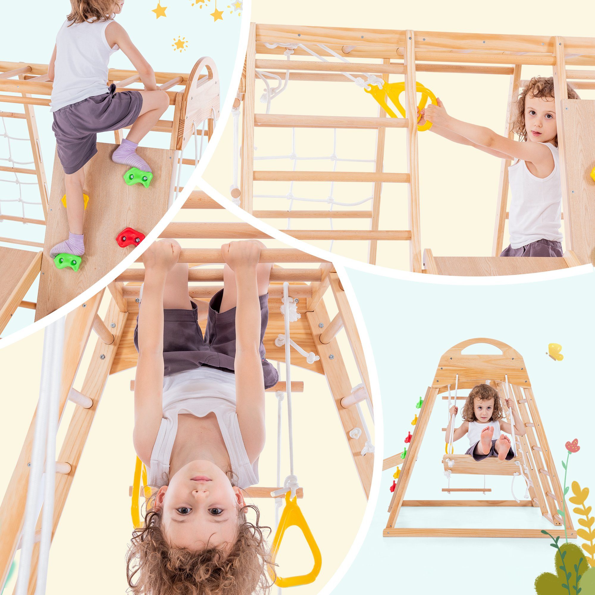 Merax Klettergerüst inkl. Rutschbahn, Schaukel, Leiter, Kletternetz, Ringe, Kletterwand, Kletterdreieck 7-in-1 Funktion, Indoor-Spielplatz aus Holz