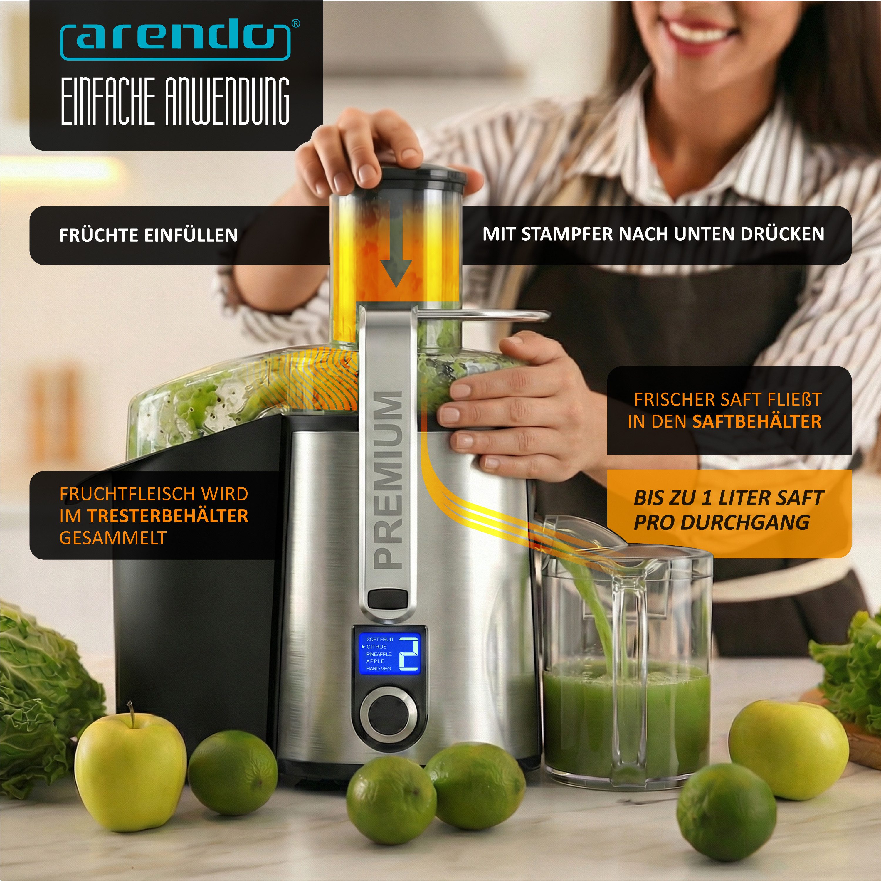 Arendo Zentrifugenentsafter Zentrifugaler Entsafter für Obst & Gemüse, Saftpresse, Zitruspresse, 1000 W, LCD-Display, 5 Stufen, 2L Tresterbehälter & Edelstahl-Design