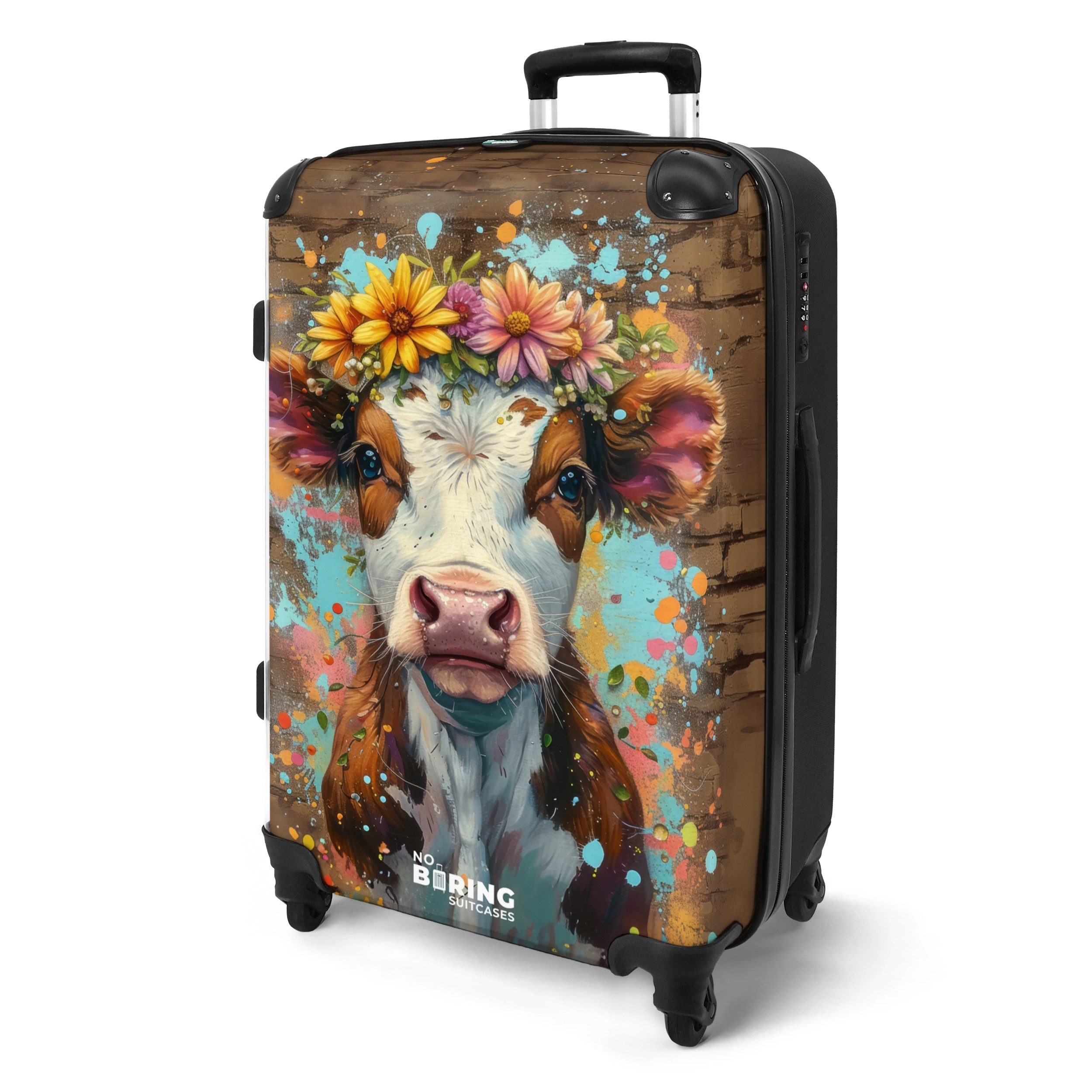 NoBoringSuitcases.com© Hartschalen-Trolley Graffiti-Kuh mit bunten Blumen günstig online kaufen