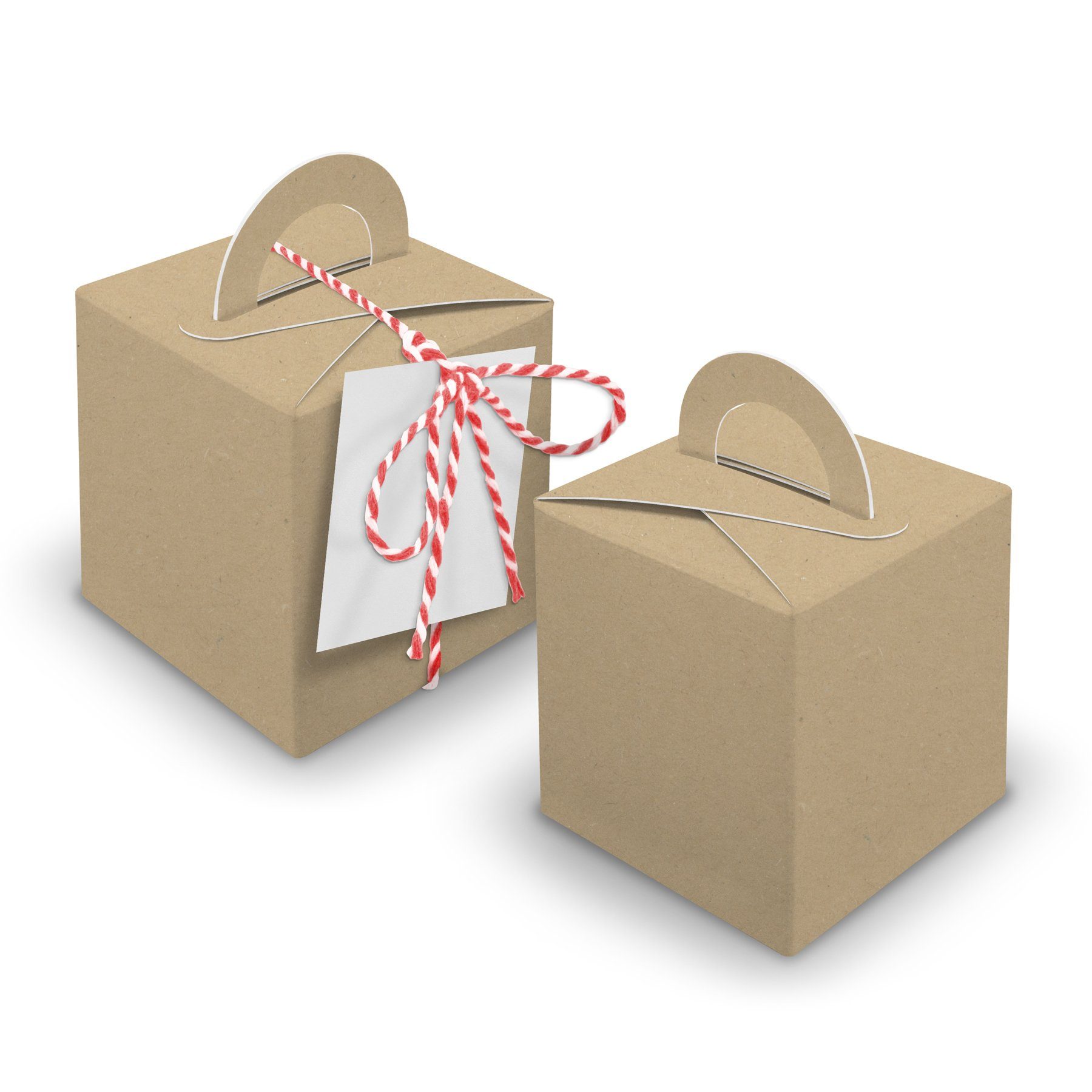 itenga Geschenkpapier V28 24x Würfelbox mit Griff braun + Garn rot + Anhänger