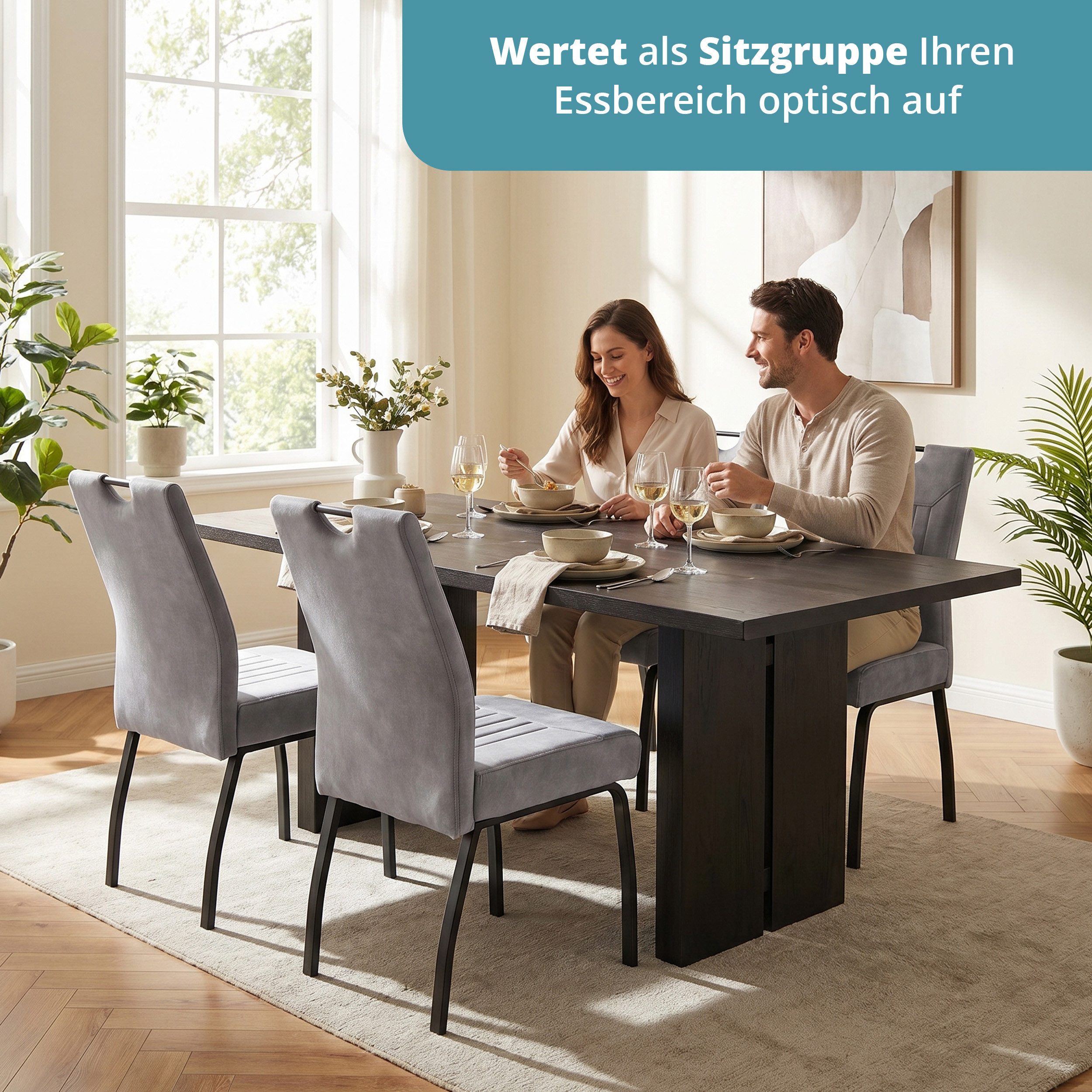 KHG Esszimmerstuhl Küchenstuhl Mikrofaser Hellgrau-Schwarz, mit Taschenfederkern (Indoor-Stuhl DIN EN 12520 geprüft), 4-Fuß-Metallgestell Schwarz, bis 140 kg be – Bild 5 von 5
