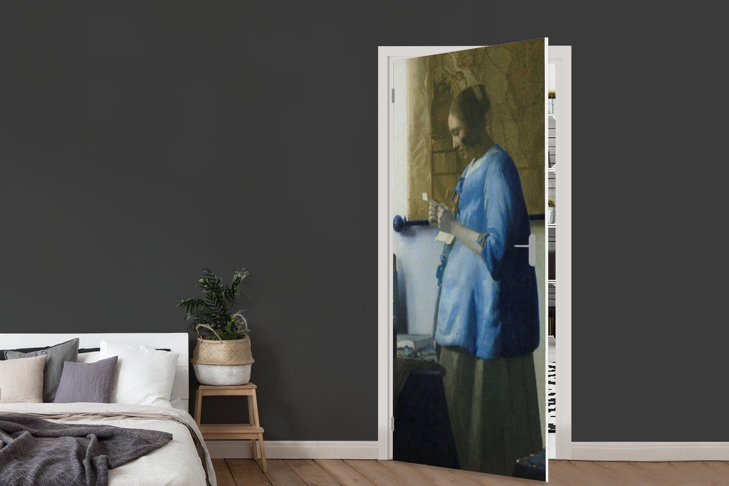MuchoWow Türtapete Frau 75x205 in Matt, Türaufkleber, (1 Brief Blau Gemälde für Vermeer, St), Tür, - Fototapete von liest Johannes einen bedruckt, cm