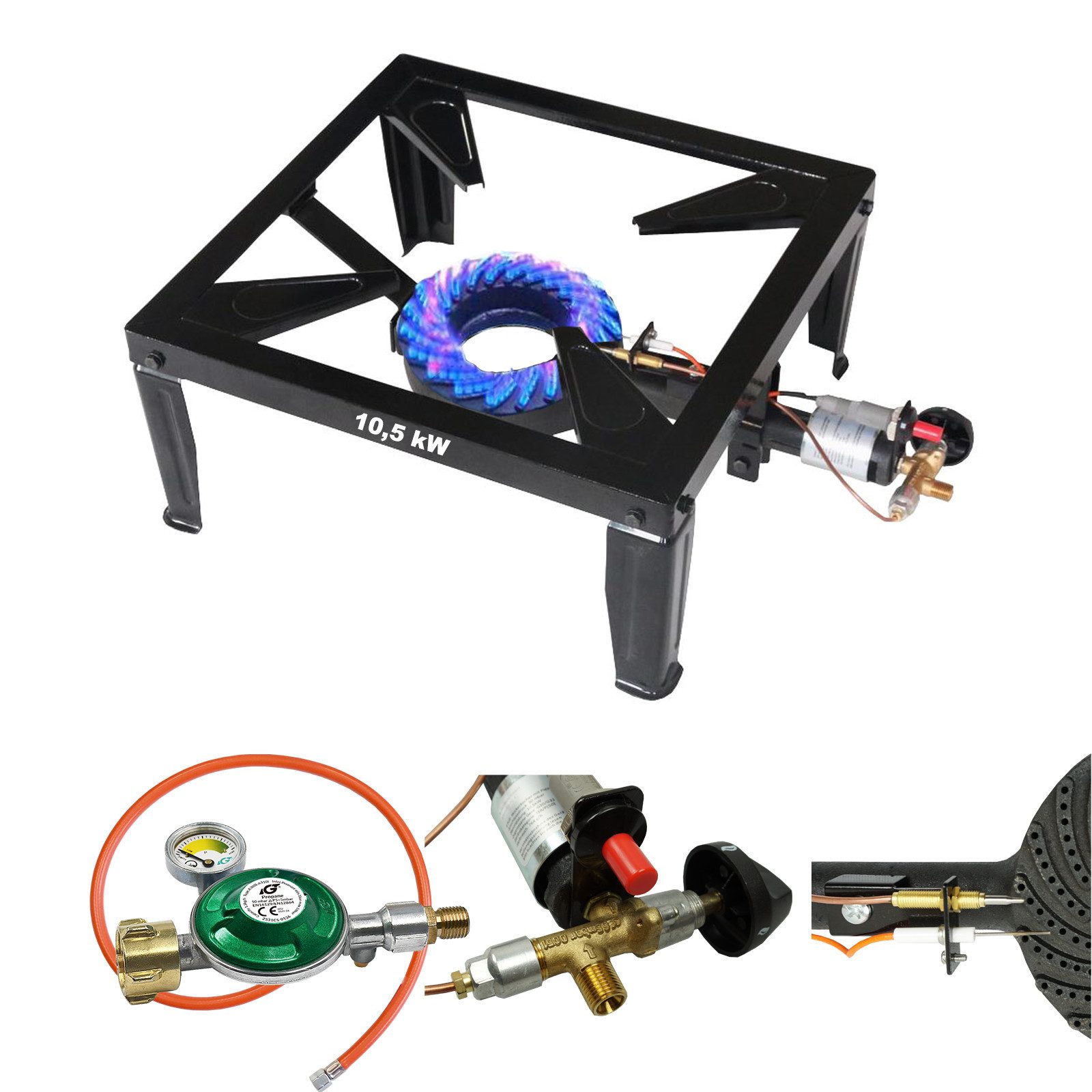 BlueCraft Gaskocher Hockerkocher 10,5 kW Gas mit Zündsicherung Piezozündung für Gasflasche, (mit Schlauch 100 cm und Gas Regler Druckminderer mit Manometer), 4 Bein Profi Gasbrenner Gusseisen für Camping Räucheröfen Wok Kocher