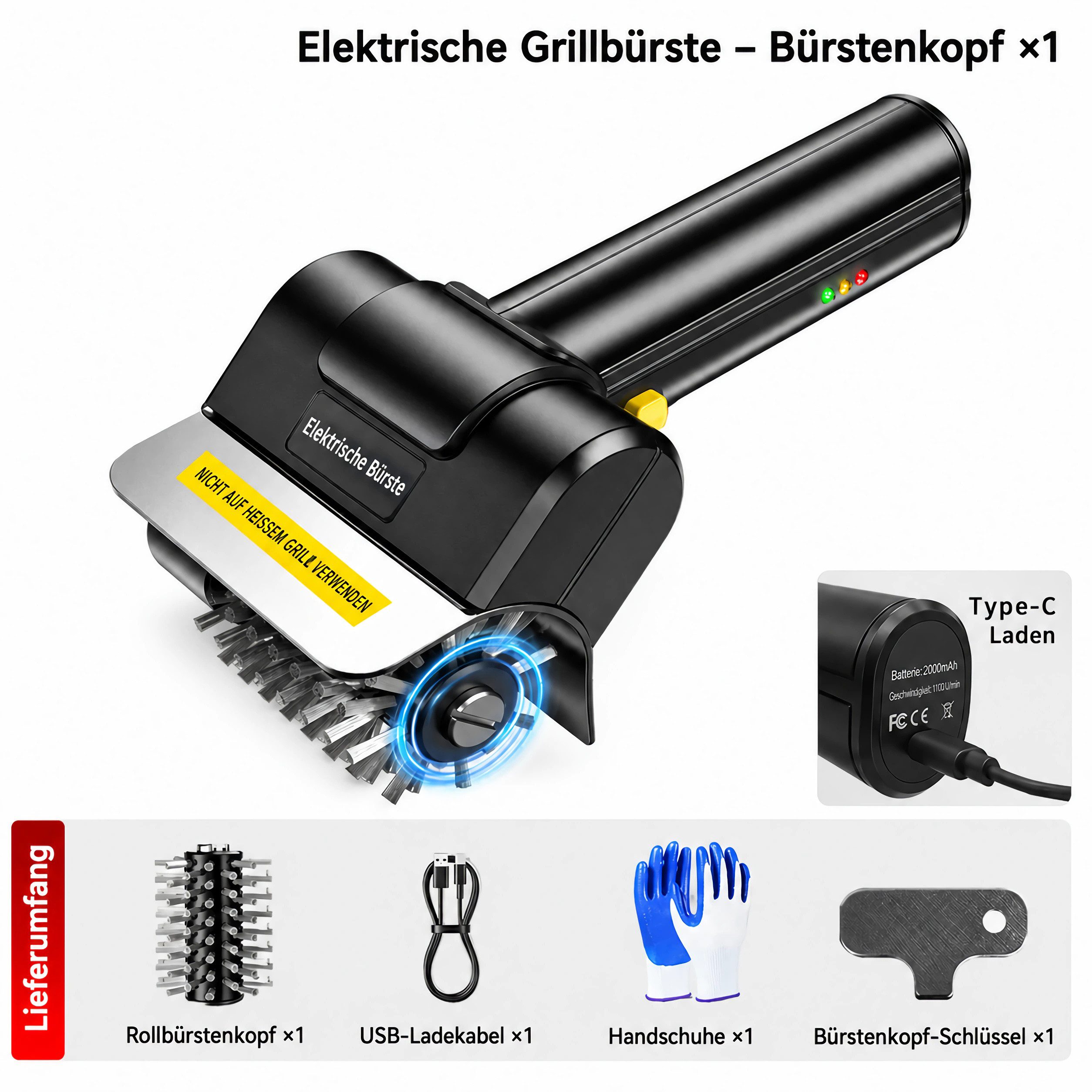 Bolwins Elektrische Grillbürste E42D Elektrische Grillbürste für Grillrost kabellos mit Edelstahlrolle, 6,2 cm Arbeitsbreite, 4,8 cm Bürstendurchmesser, Komplet – Bild 3 von 5