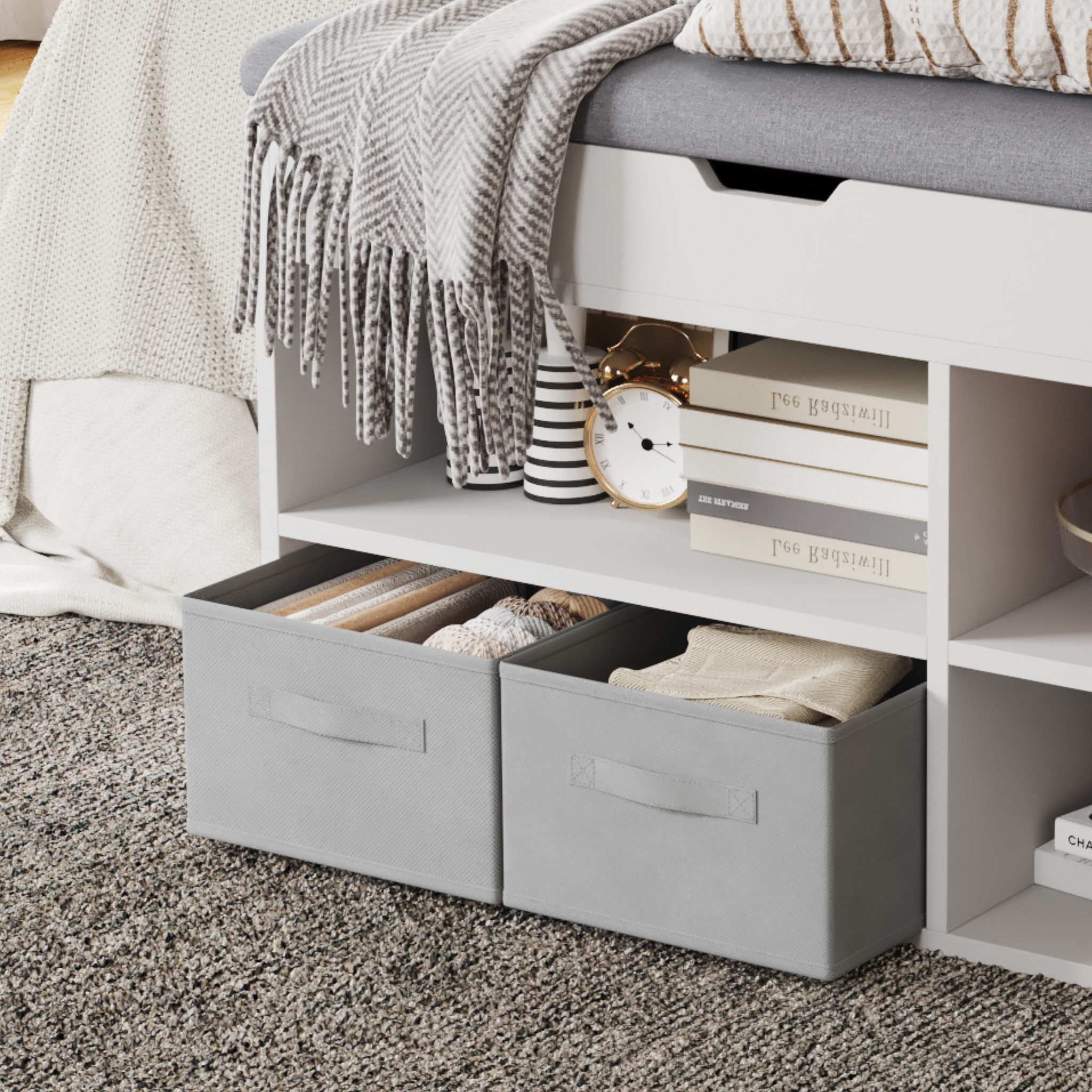 Mondeer Schuhbank Schuhhocker (80 x 48 x 30 cm), Holzschuhablage mit Stoffschublade und aufklappbarem Sitzfläche – Bild 5 von 5