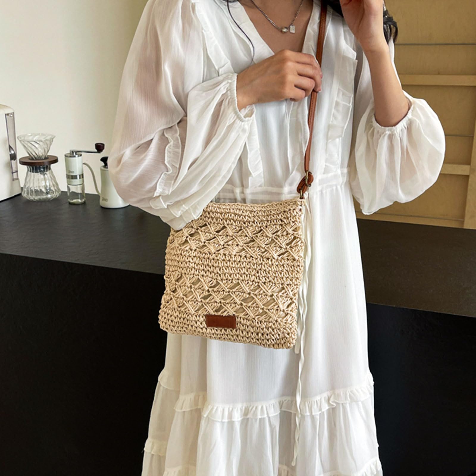 Bwecuy Strandtasche Stroh-Umhängetasche für Damen, Sommer-Strandtasche, Boho-Handarbeit, handgefertigte Schultertasche aus Flechtwerk für Urlaub und Reisen