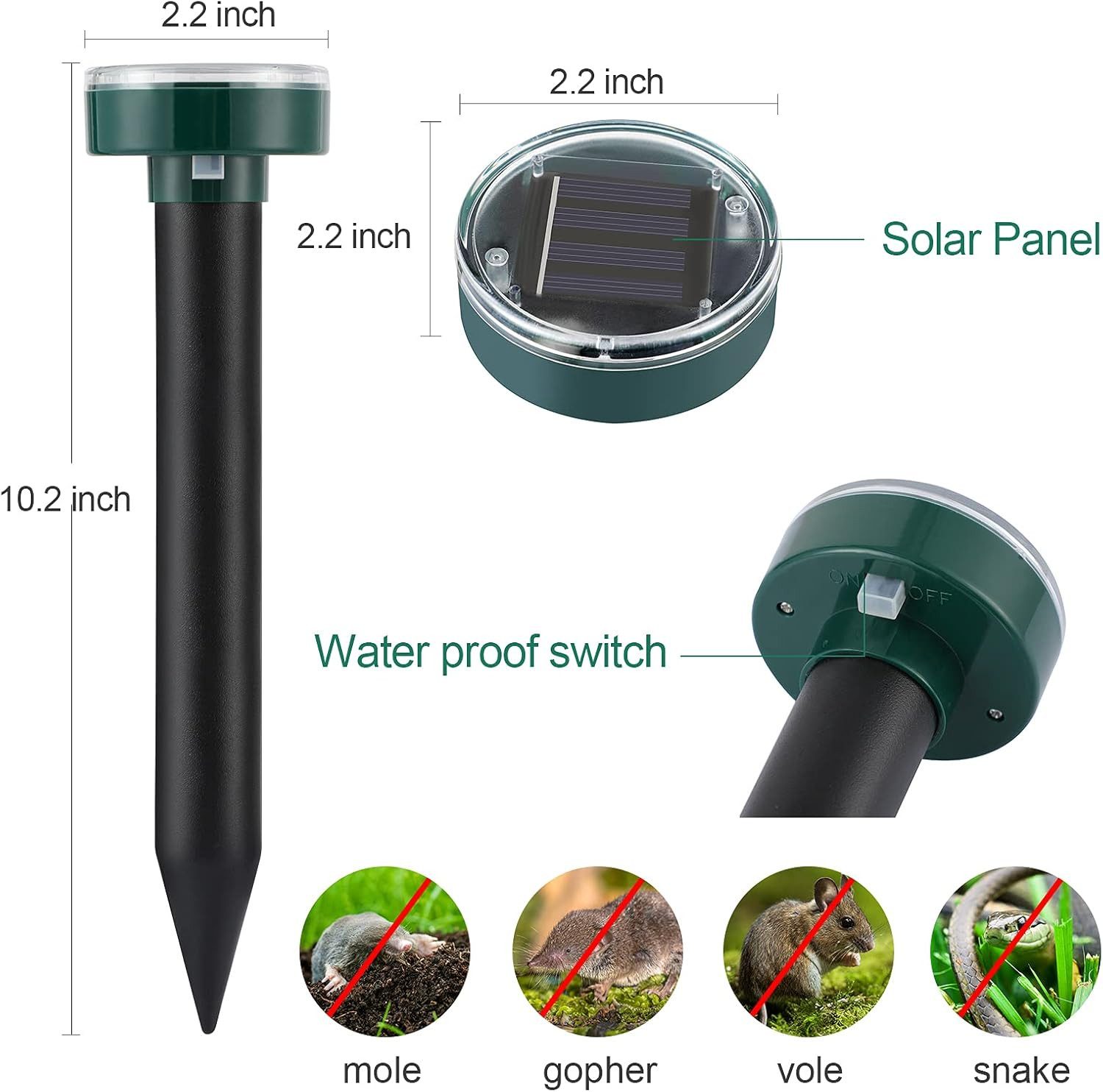 FELIXLEO Ultraschall-Tierabwehr 4er Solar Maulwurfabwehr mit 56mm Paneel für 7000 sq ft Garten, 4-tlg. – Bild 2 von 5