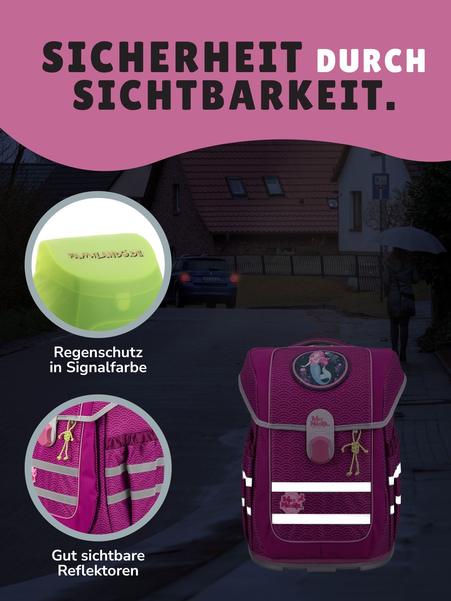 McNeill Schulranzen Ergo Complete 1.-4. Klasse ergonomisch, leicht, Volumen 20 Liter (Set, 6-tlg., inkl. Federmäppchen, Turnbeutel, Schlamper und Motivmagnet), ClickFlex-Rückensystem, Reflektoren; inkl. McAddy Meerjungfrau