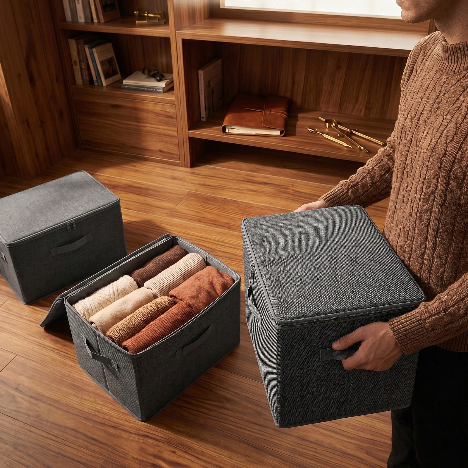 Sekey Aufbewahrungsbox Aufbewahrungsboxen mit Deckel 45L Stapelbar Faltbare Ordnungsboxen (3 St), 3er Set, Organizer Kleidung Vliesstoff Boxen für Schrank Regal